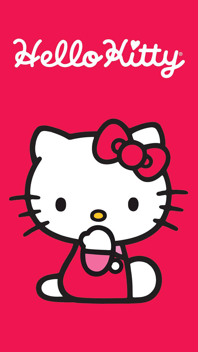 Hello Kitty 在紅色背景上手持粉紅色茶杯。 — 卡通 iPhone 壁紙 壁紙