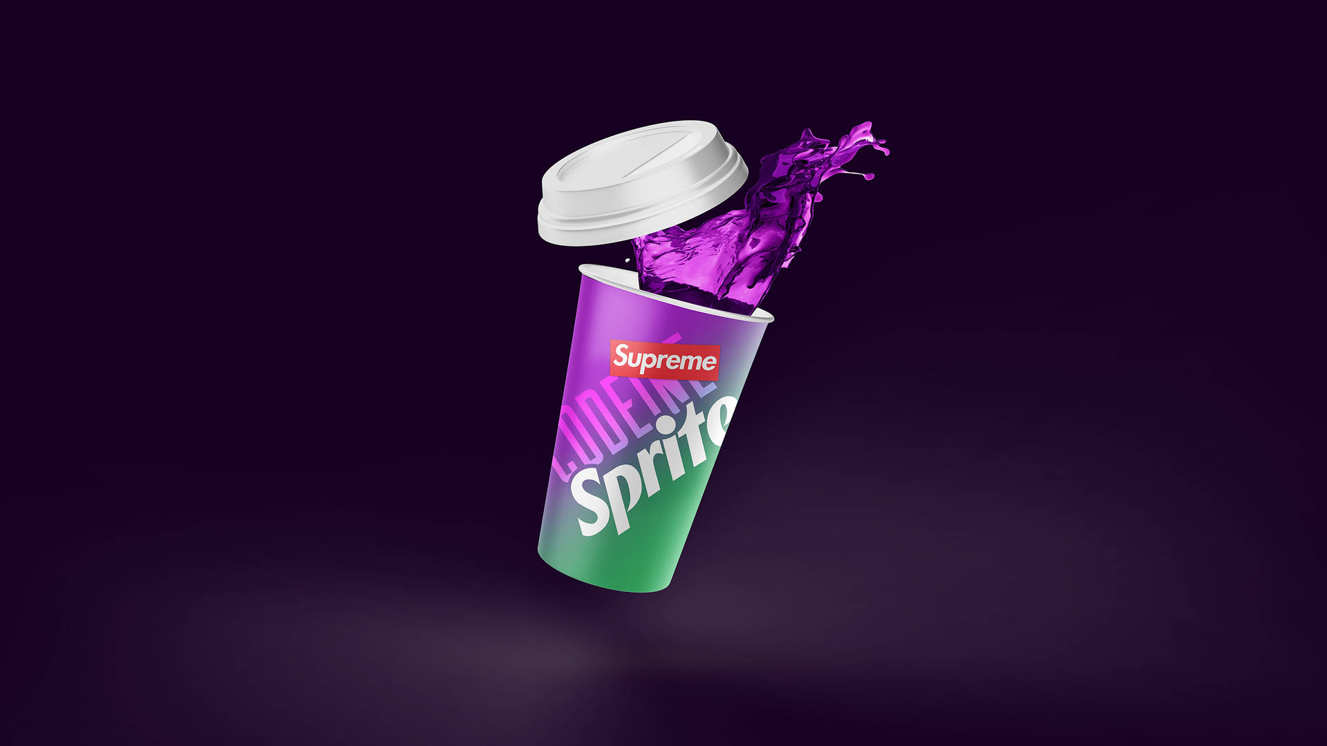 一個漂浮的Sprite杯，帶有Supreme標誌和紫色飛濺，背景為深紫色。