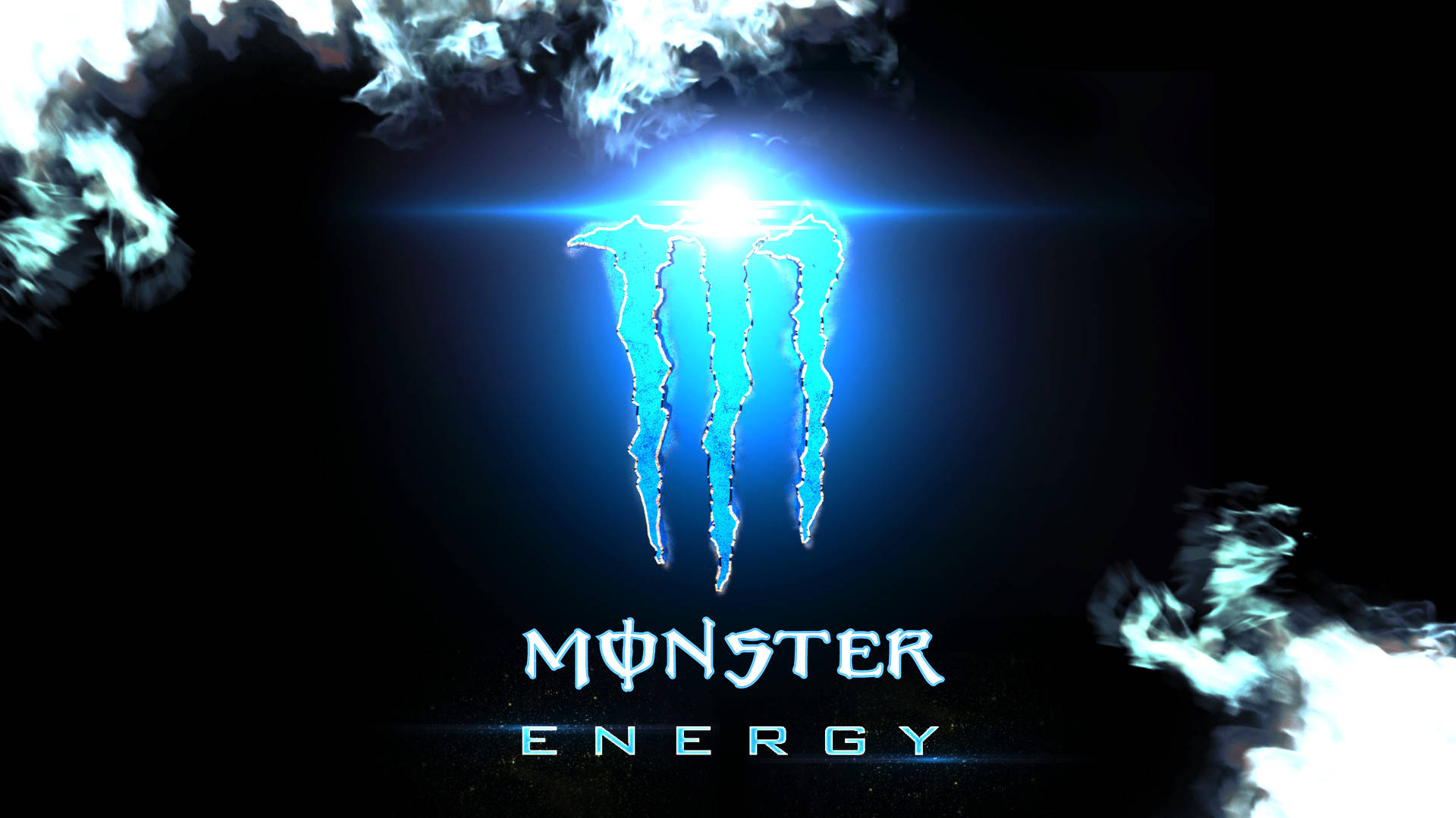 亮藍色Monster Energy標誌 壁紙 — 發光的藍色Monster Energy標誌在黑色背景上散發出強烈的光芒，並帶有旋轉的白色煙霧效果。