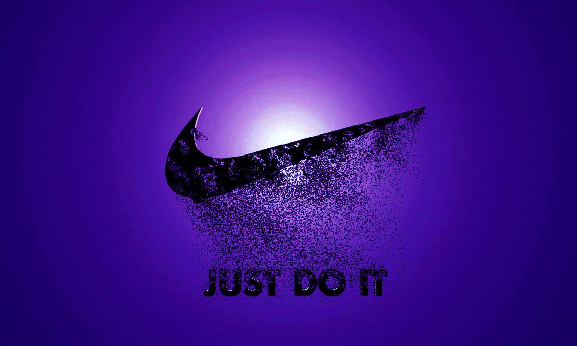 Nike swoosh標誌分解成粒子，紫色背景上有「JUST DO IT」文字。