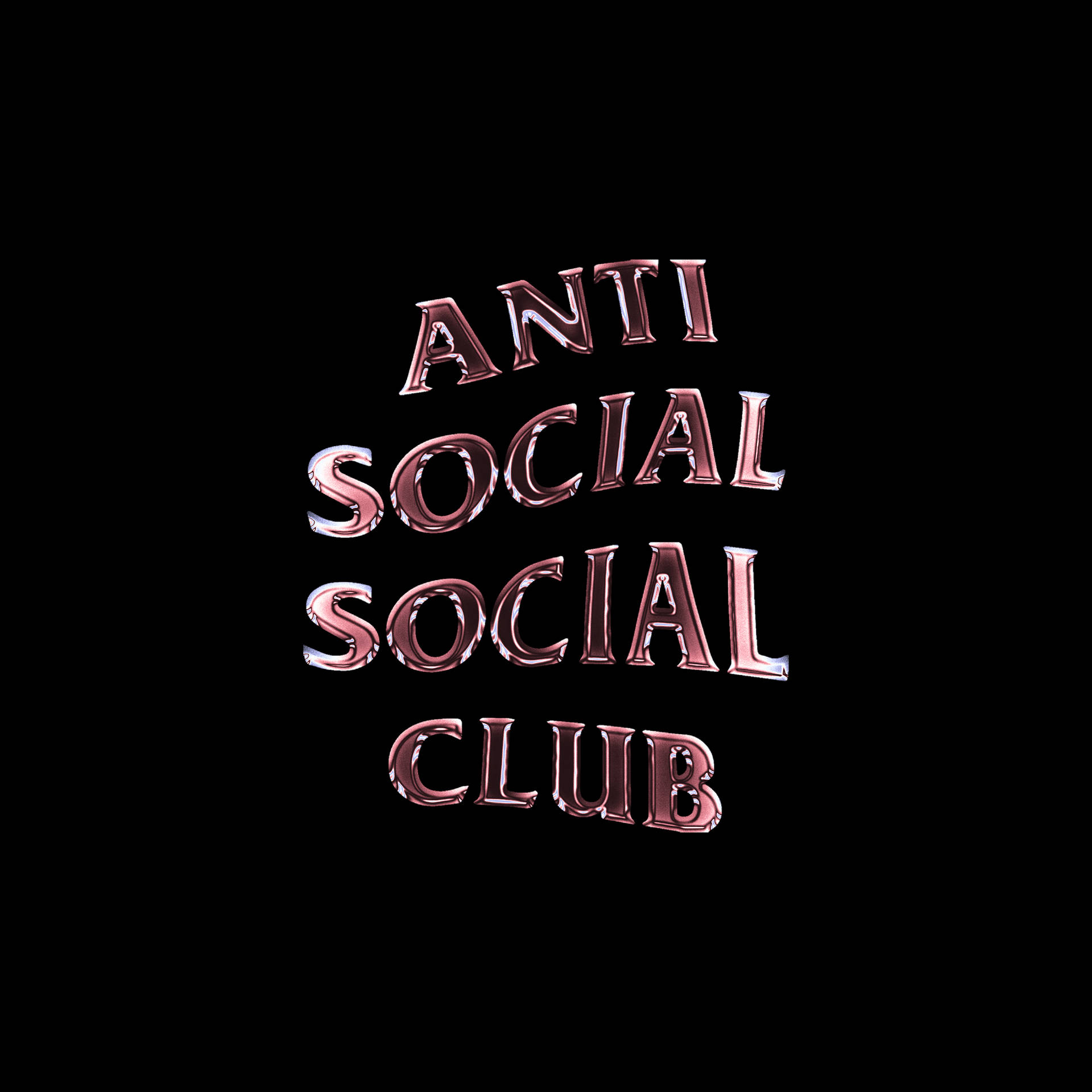光澤玫瑰金色3D文字，顯示anti social social club，在黑色背景上