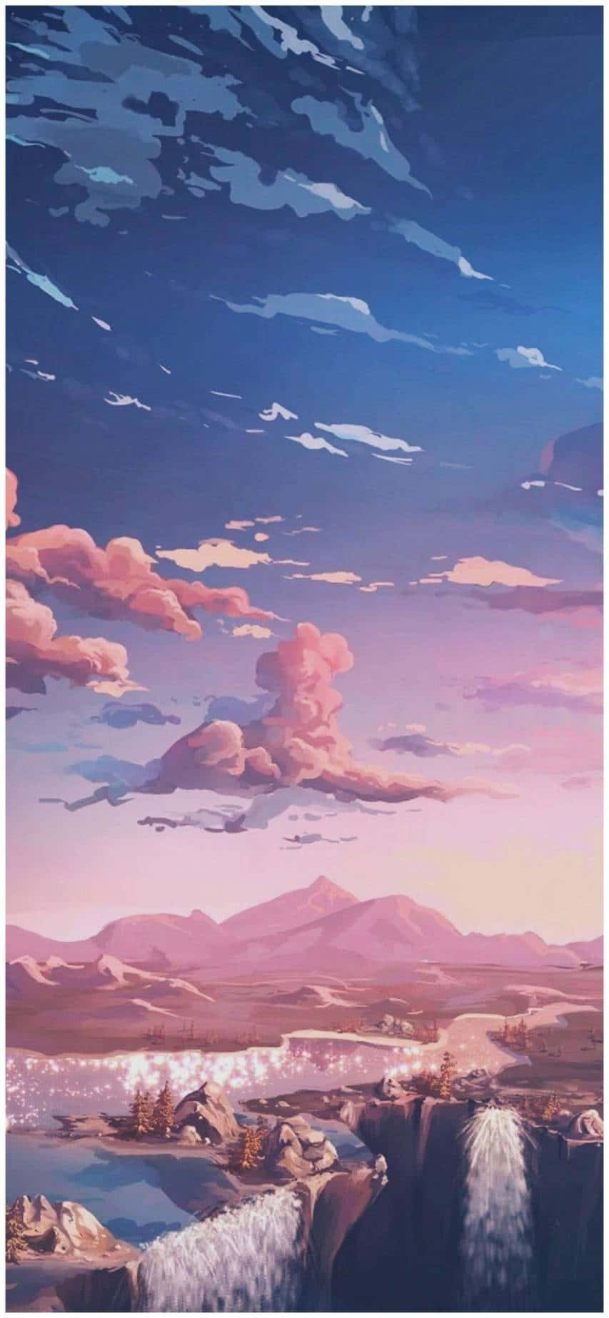 亮麗粉紅Tumblr壁紙 壁紙 — 寧靜的動漫風格風景，粉紅色的雲朵飄在紫色山脈之上，發光的瀑布在暮色天空下閃耀。
