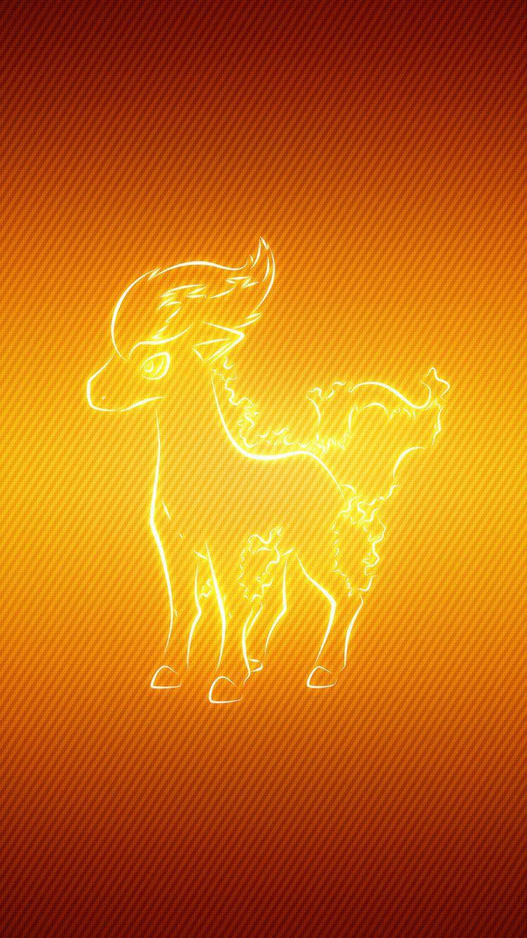 亮黃色寶可夢Ponyta 壁紙 — 一隻風格化鹿的發光黃色霓虹輪廓，立於帶有微妙斜紋紋理的暖色橙紅漸變背景上。