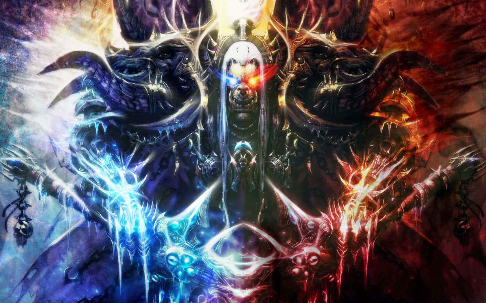 身穿盔甲的奇幻戰士被揮舞發光武器的惡魔人物包圍。