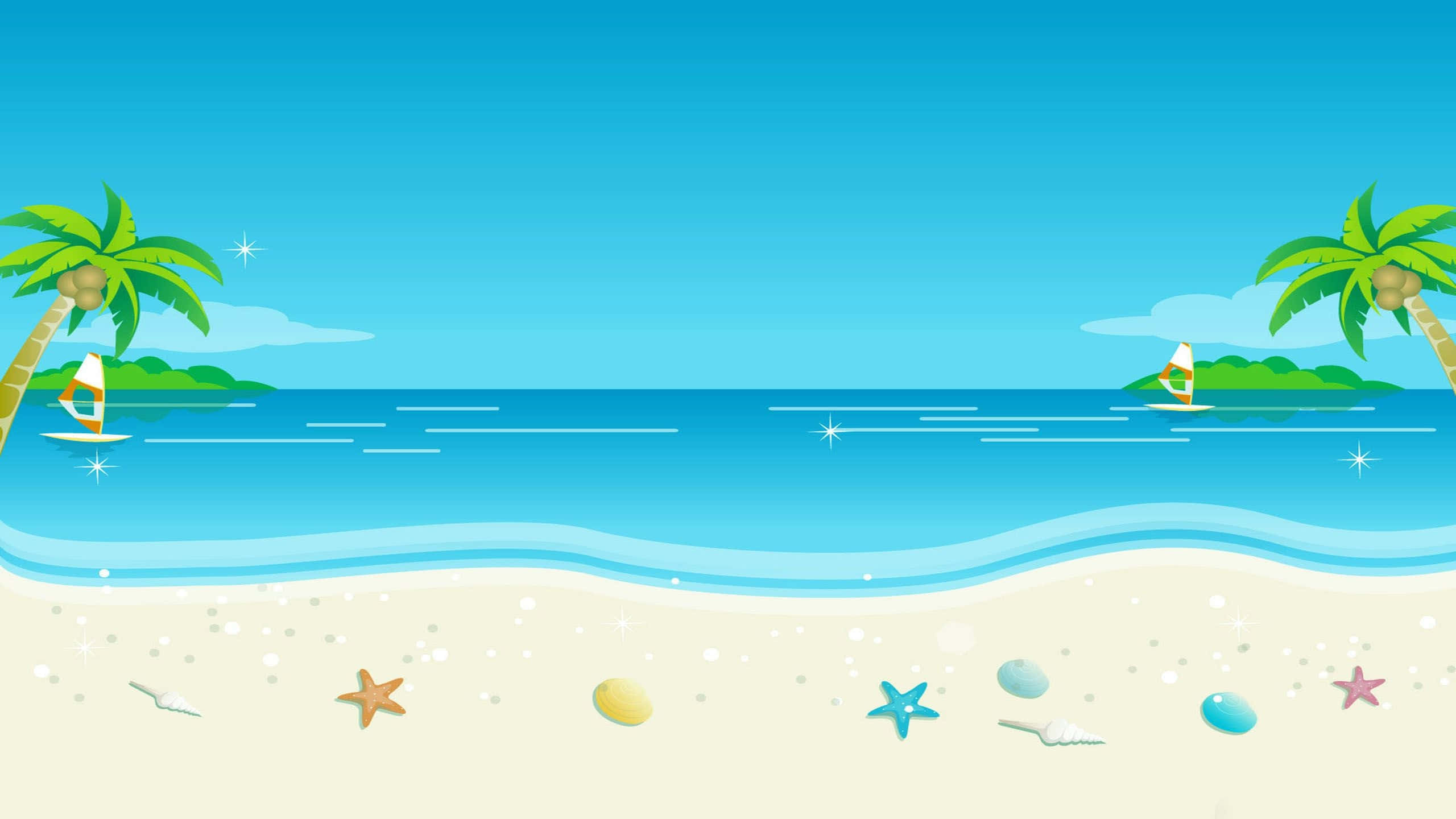 人人最愛的季節——夏日海灘！ 壁紙 — 晴朗藍天下，棕櫚樹、帆船和海星構成的明亮卡通海灘場景。