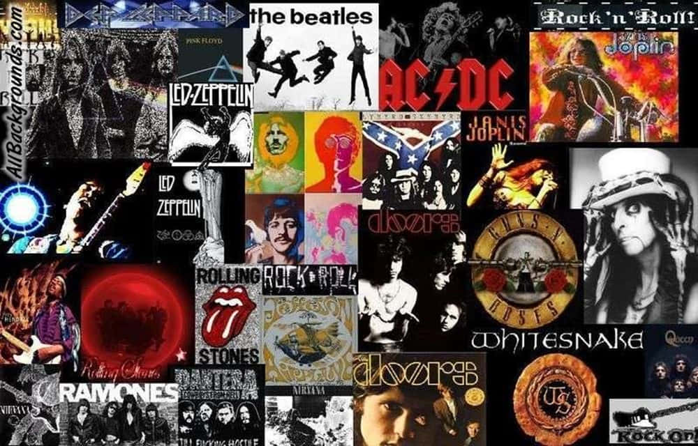 經典搖滾樂隊專輯藝術拼貼，包括Led Zeppelin、ACDC和The Beatles。