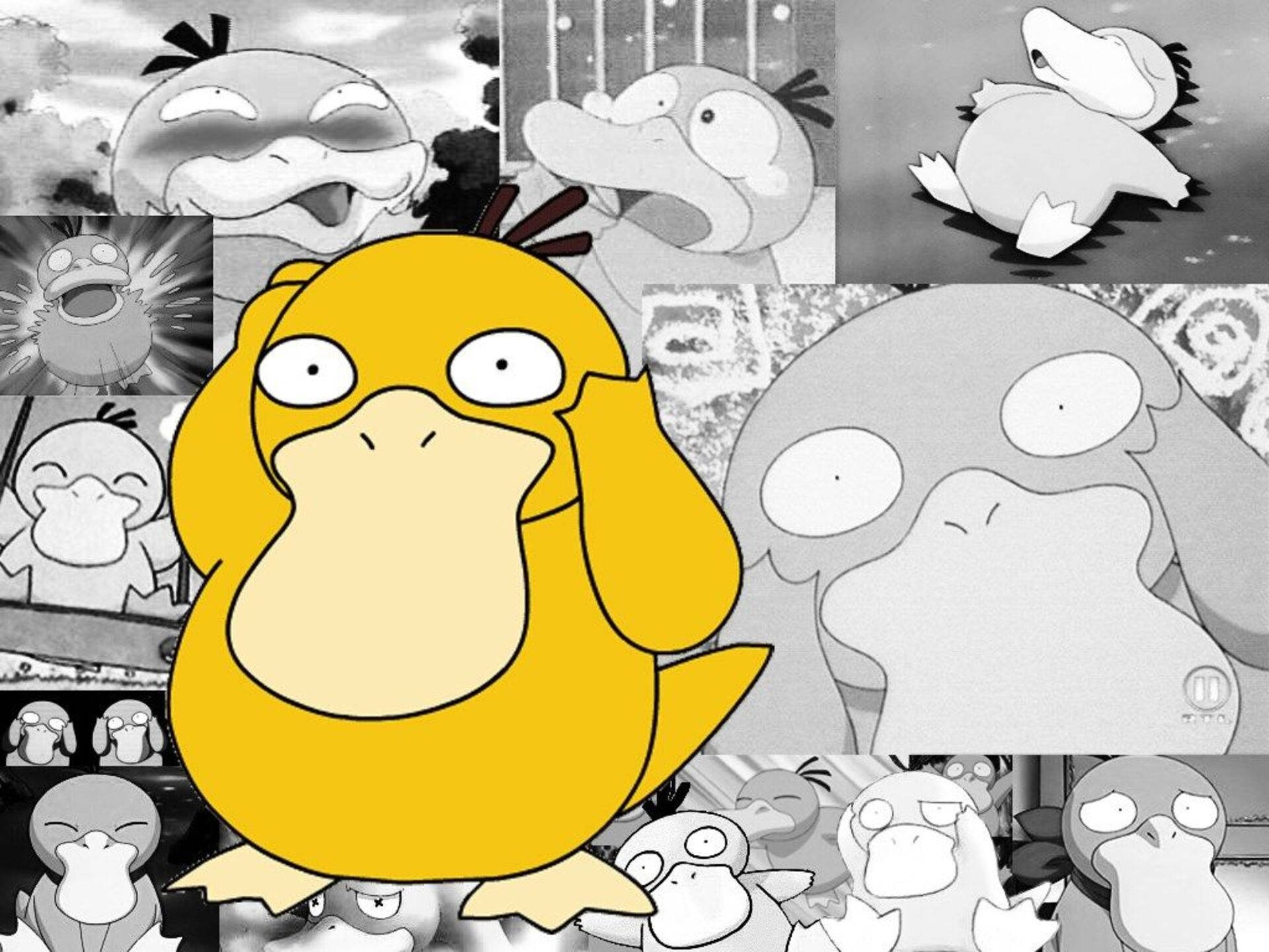 Psyduck動漫角色，背景有各種漫畫面板。