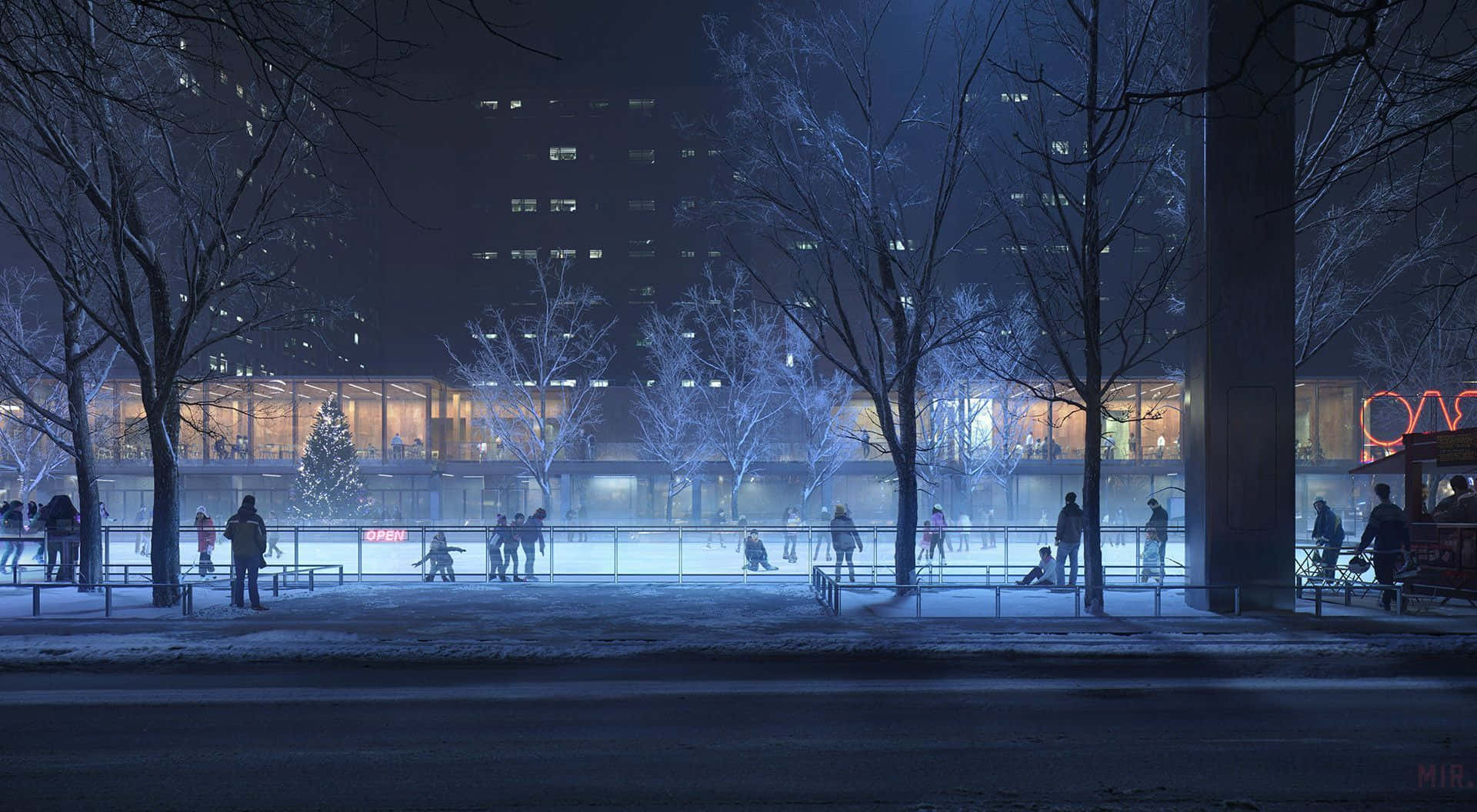 Ice Rink 桌布 壁紙 — 人們在夜晚被雪覆蓋的樹木和城市建築環繞的冬季溜冰場上，在閃爍的藍光下滑冰。