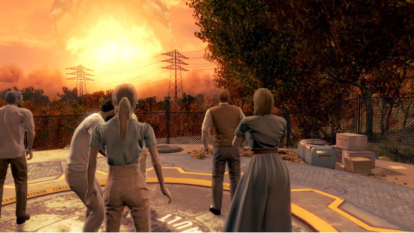 Fallout Nuke 桌布 壁紙 — 人們敬畏地站著，觀看一場巨大的爆炸照亮電線和樹木後方的天空。