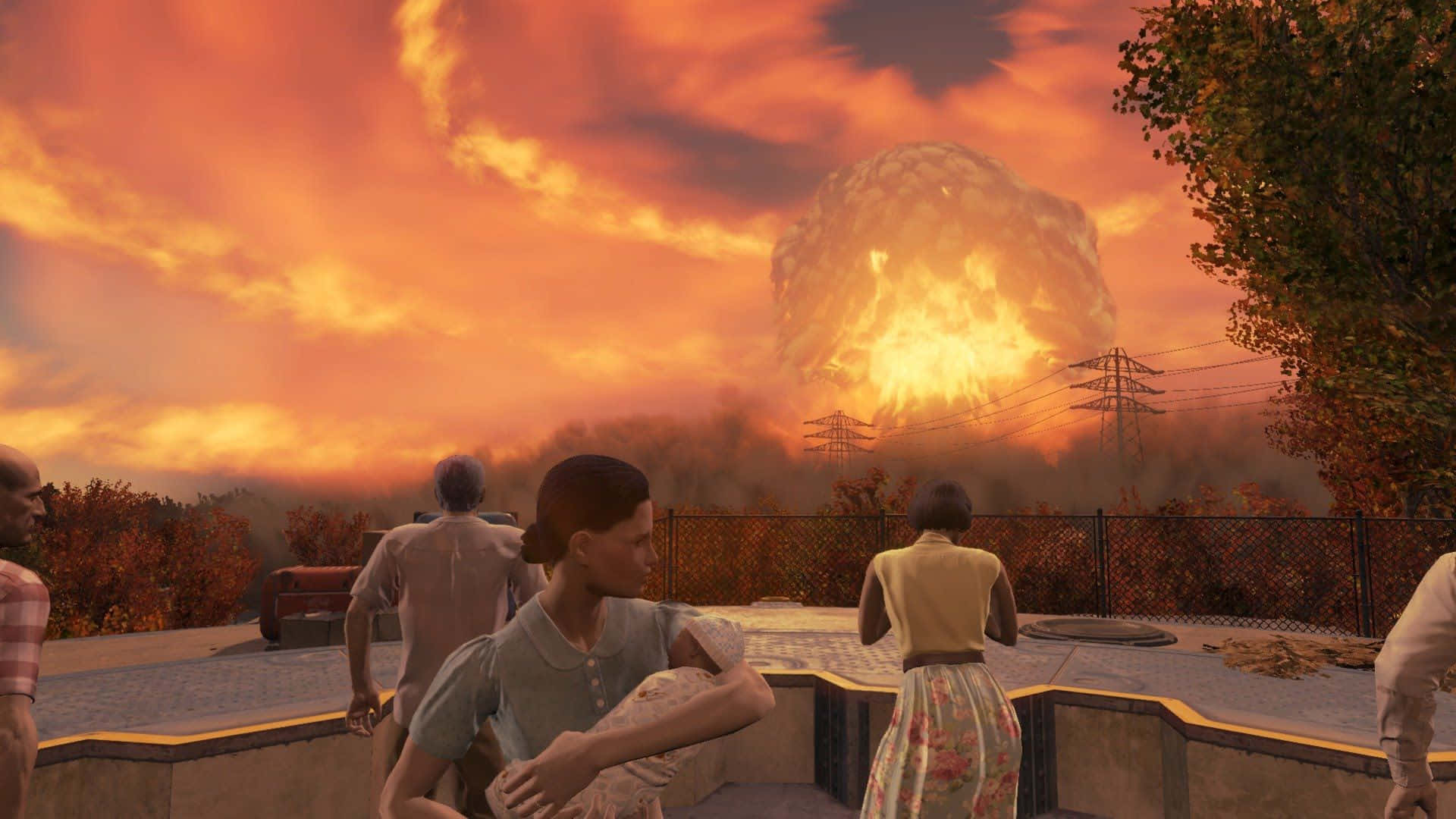 Fallout Nuke 桌布 壁紙 — 人們驚恐地看著遠處在血橙色天空下發生的大規模火焰爆炸。