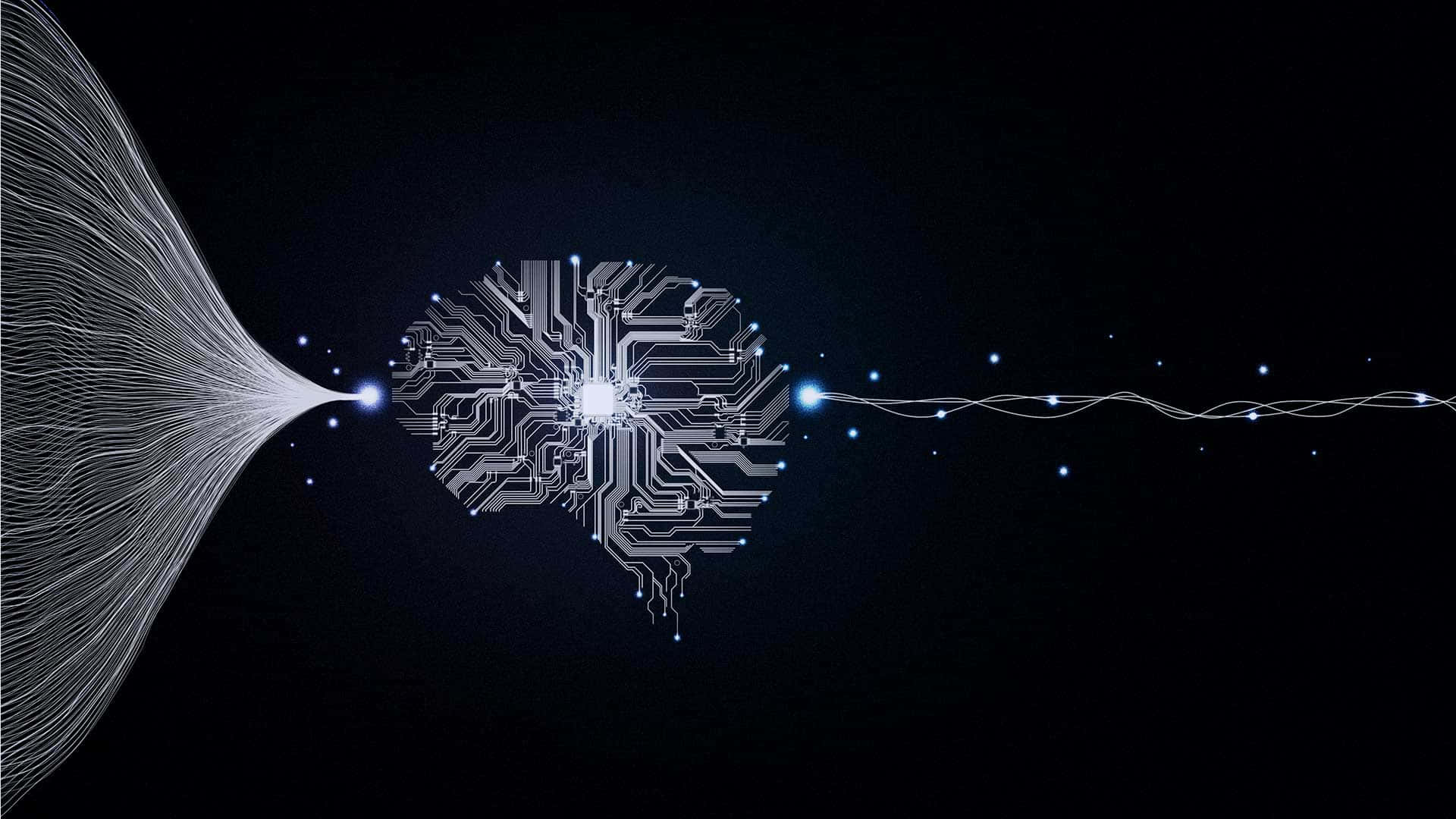 一個由電路組成的發光大腦在黑暗空間中發射數據流。