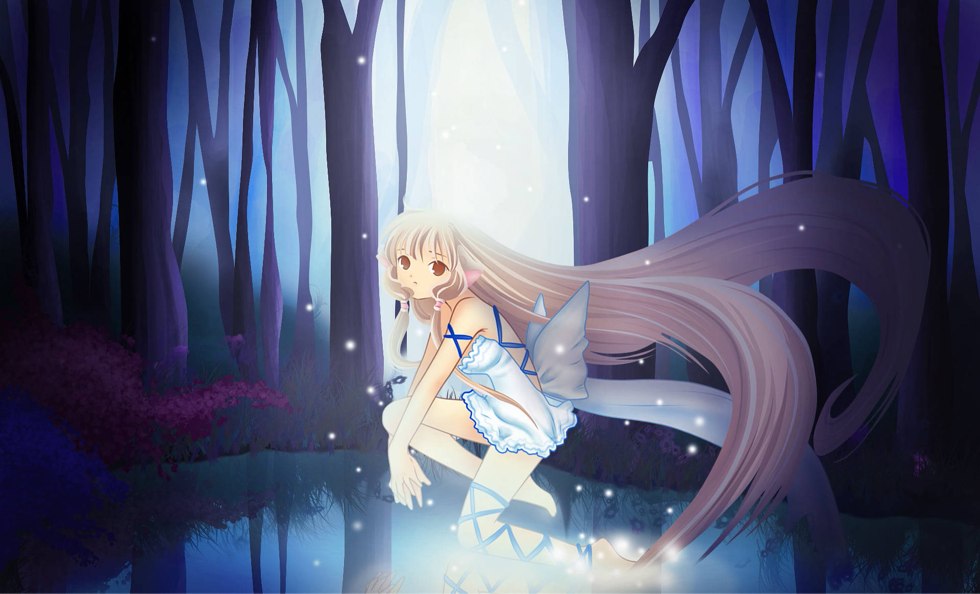 夜晚發光森林中的長發動漫女孩