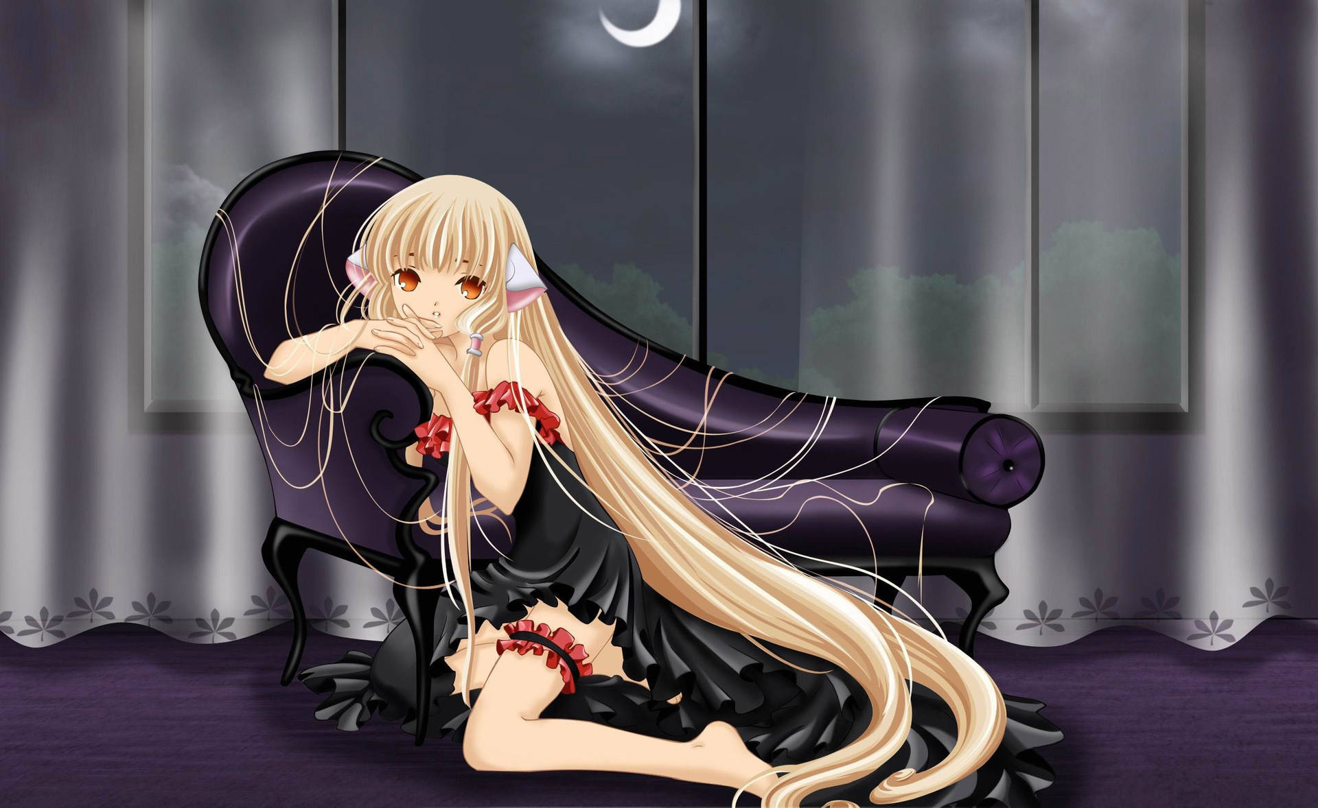 長金髮的動漫女孩在夜晚的新月下坐在紫色貴妃椅上。