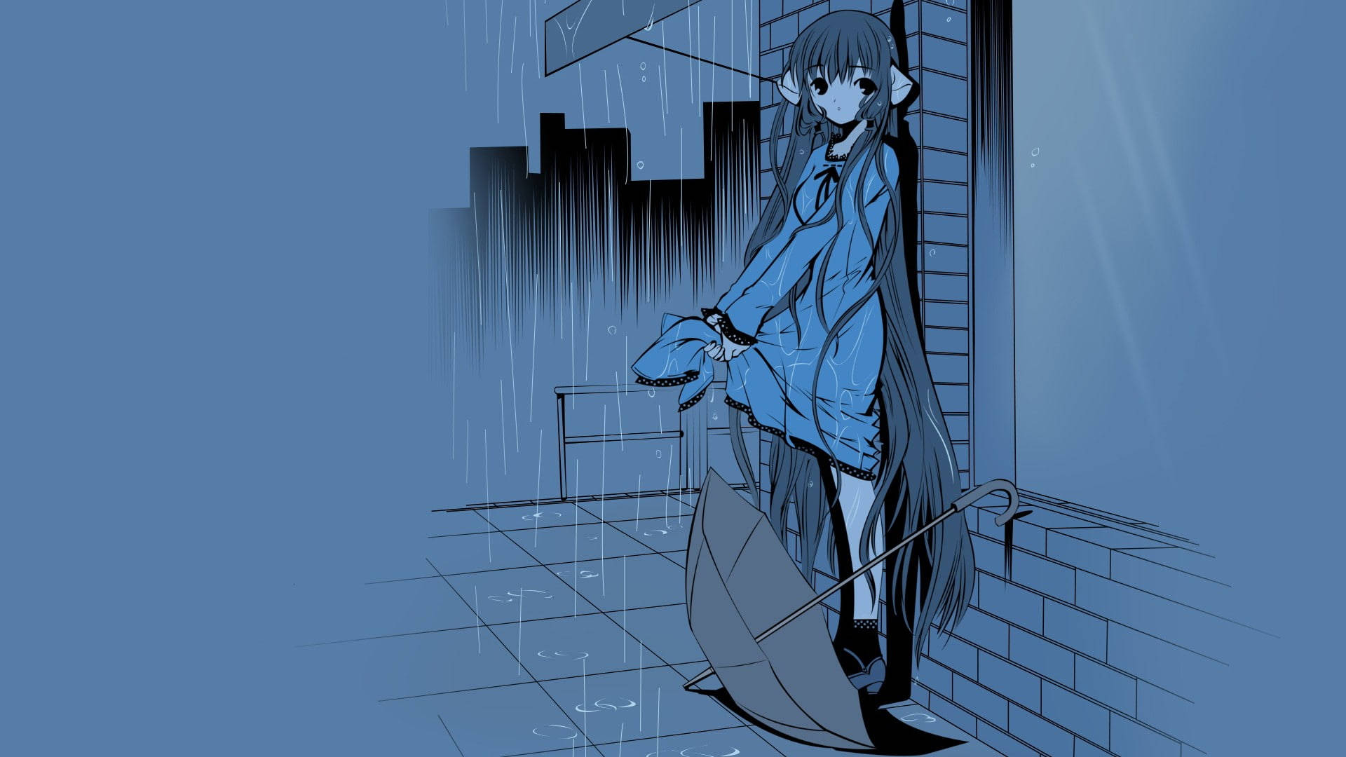 動漫女孩在雨中的城市景觀中拿著關閉的雨傘。