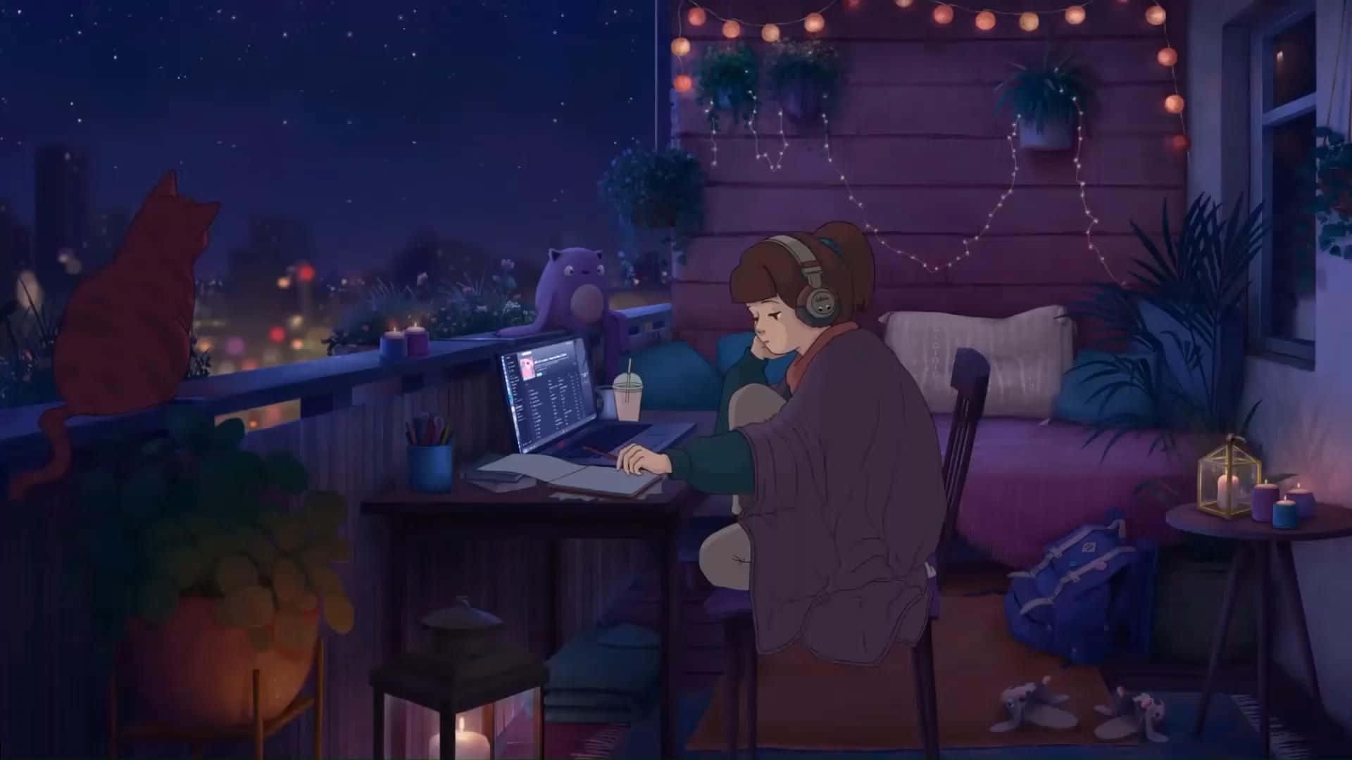 人氣低音放克動畫女孩 壁紙 — 一個戴著耳機的年輕人在一個舒適的夜間陽台上工作，陽台裝飾著燈串和盆栽植物。