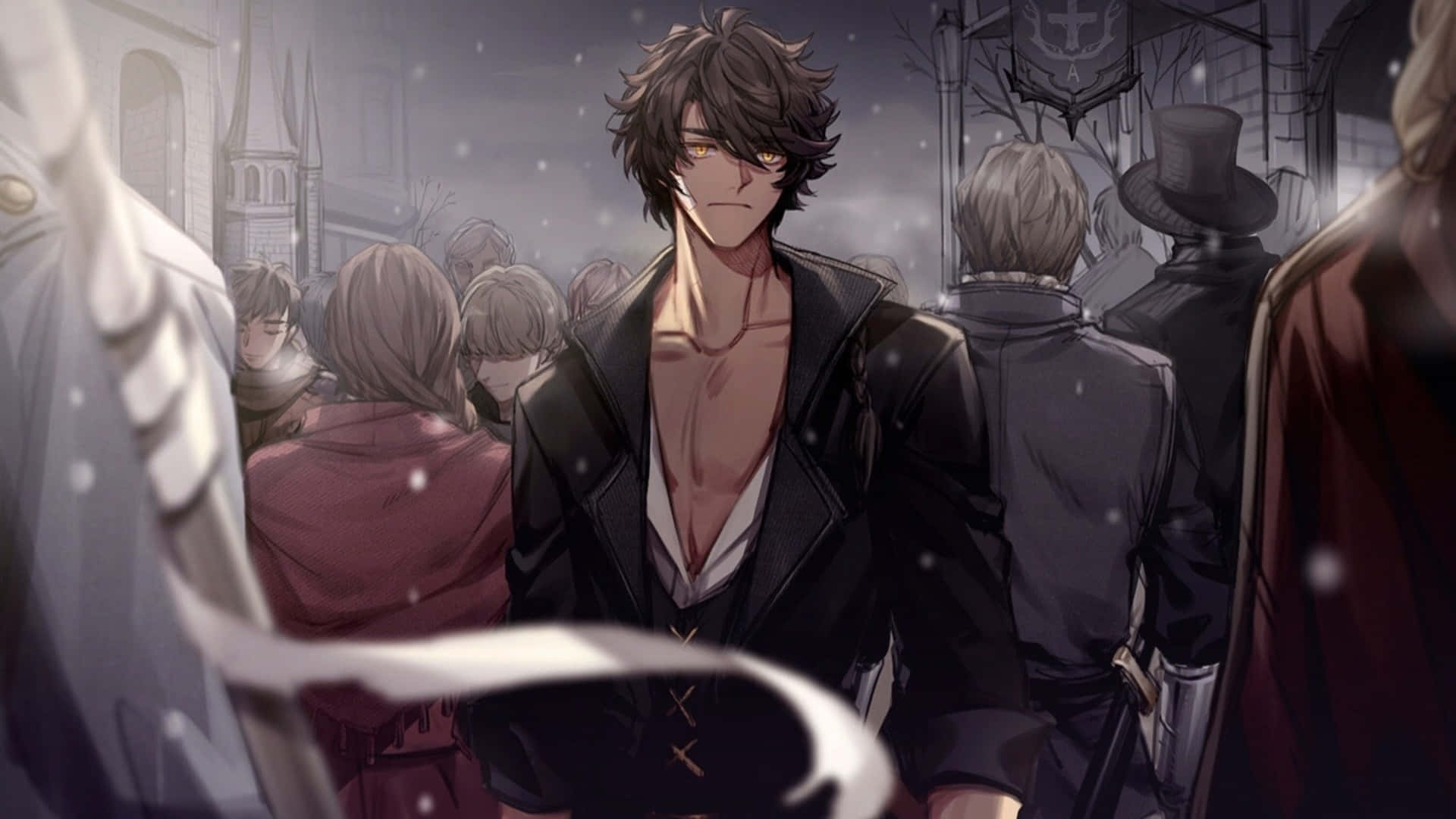 動漫男人穿著黑色大衣，站在雪中的哥德式街道上，周圍有群眾。