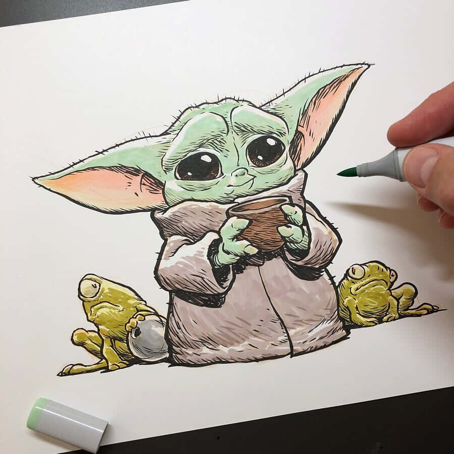 Baby Yoda 拿著杯子，旁邊有青蛙的插圖正在被手上色。