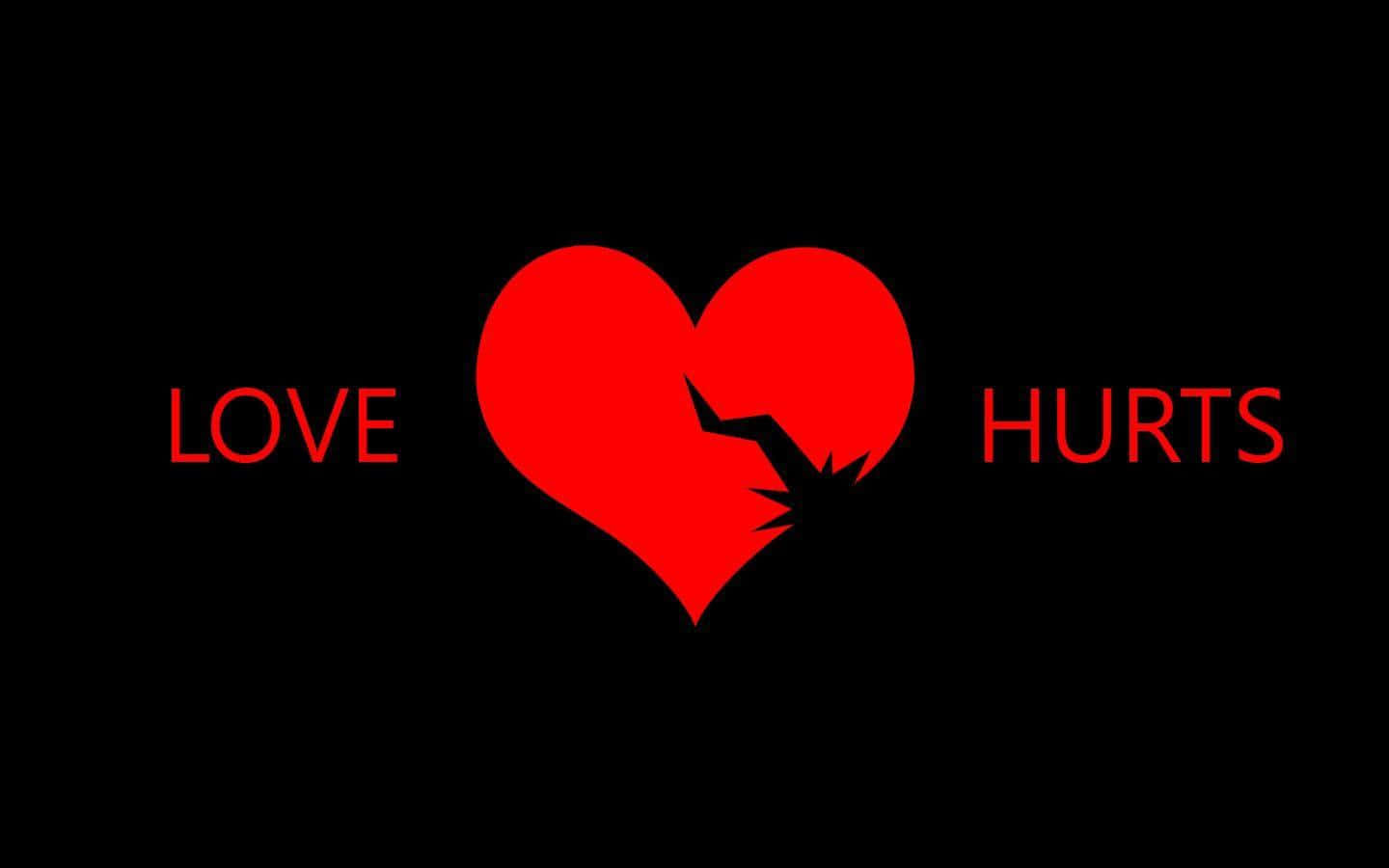 紅色破碎心形，帶有 LOVE 和 HURTS 文字，背景為黑色。