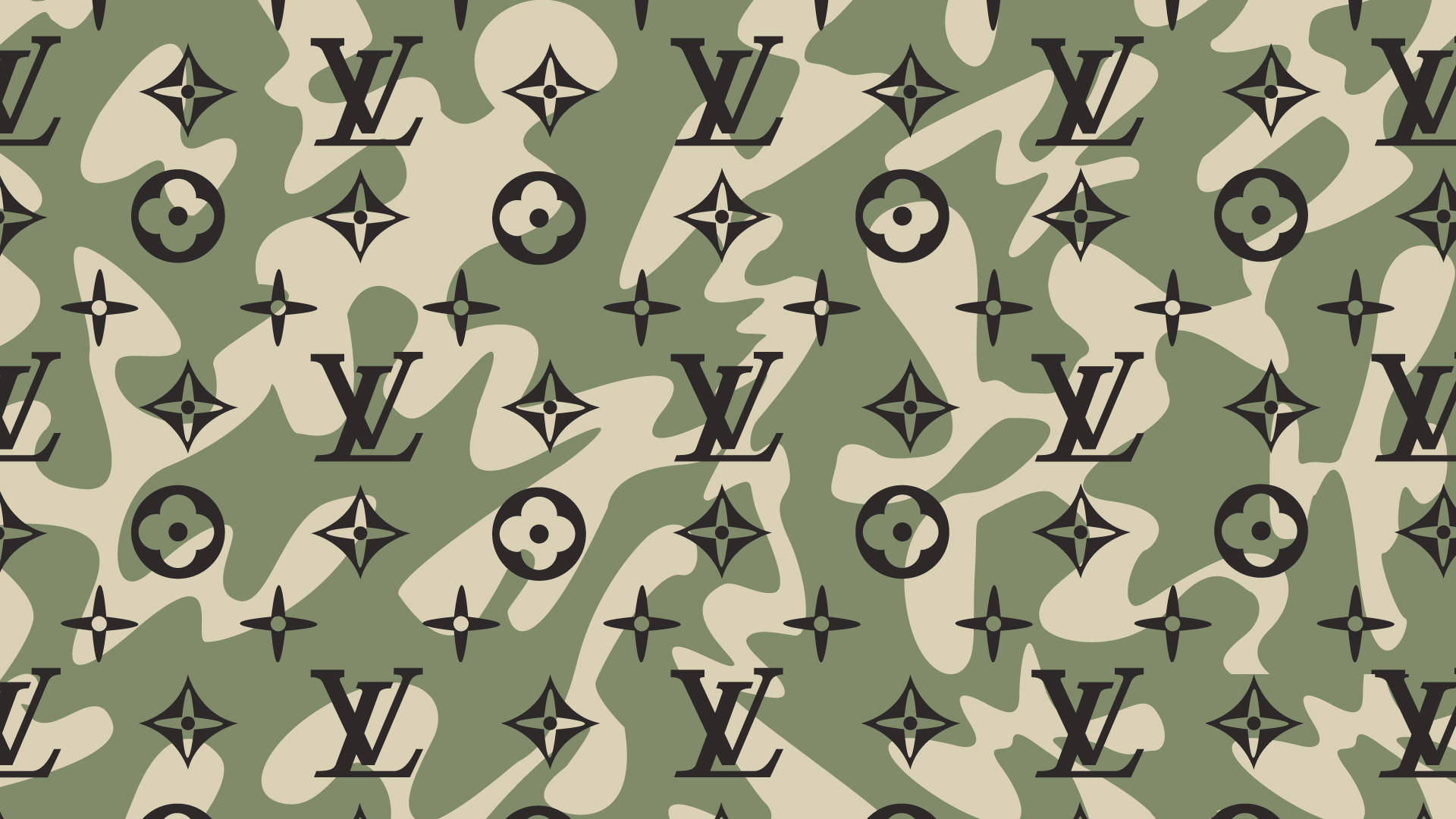 迷彩牆紙，重複出現綠色和米色的 Louis Vuitton 標誌。