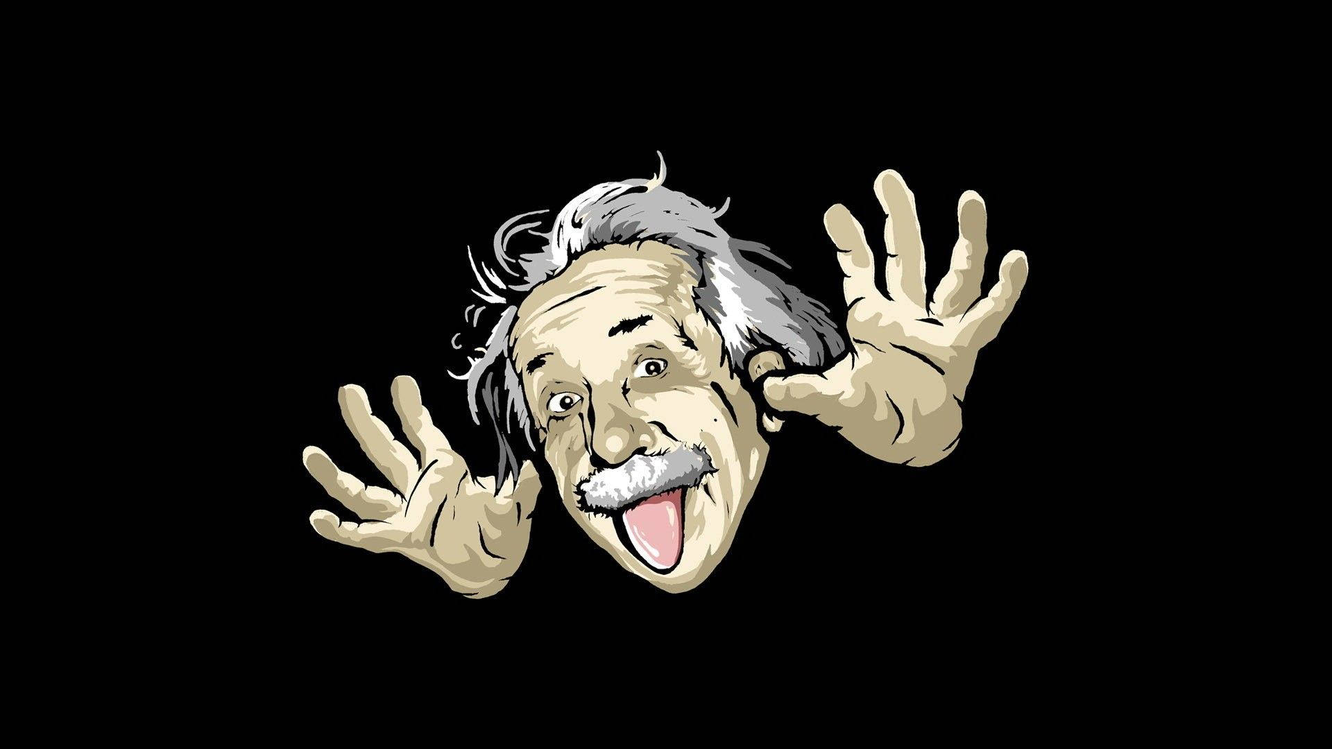 卡通愛因斯坦伸出舌頭，雙手舉起，表情頑皮驚訝。