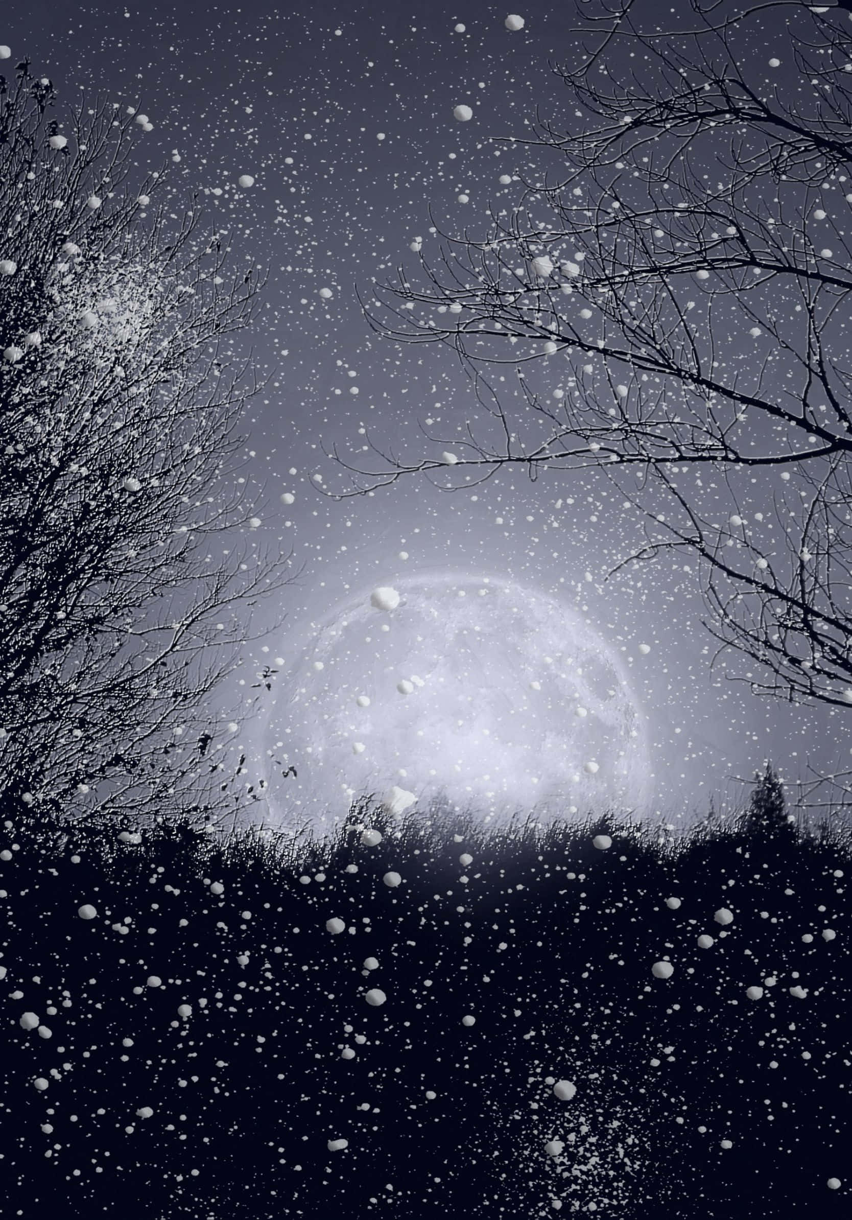 人生是一場旅程 壁紙 — 雪花在漆黑的冬日天空中飄蕩，以光禿禿的樹枝框住一輪明亮的滿月。