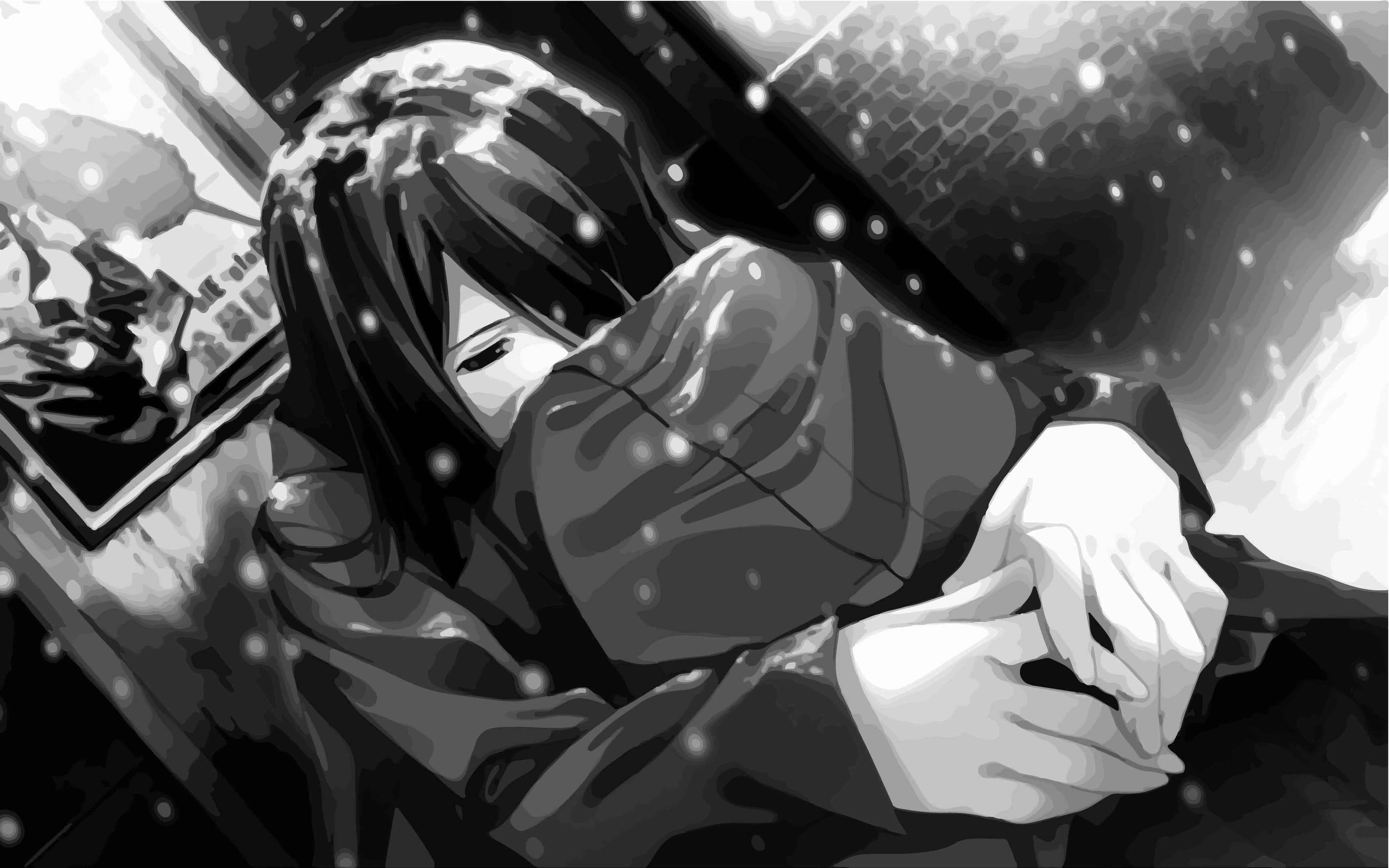 「人生是喜悅與痛苦的平衡」 壁紙 — 一個憂鬱的動漫女孩在雪景中緊緊抱住自己，她的臉被深色頭髮和飄落的雪花半遮著。