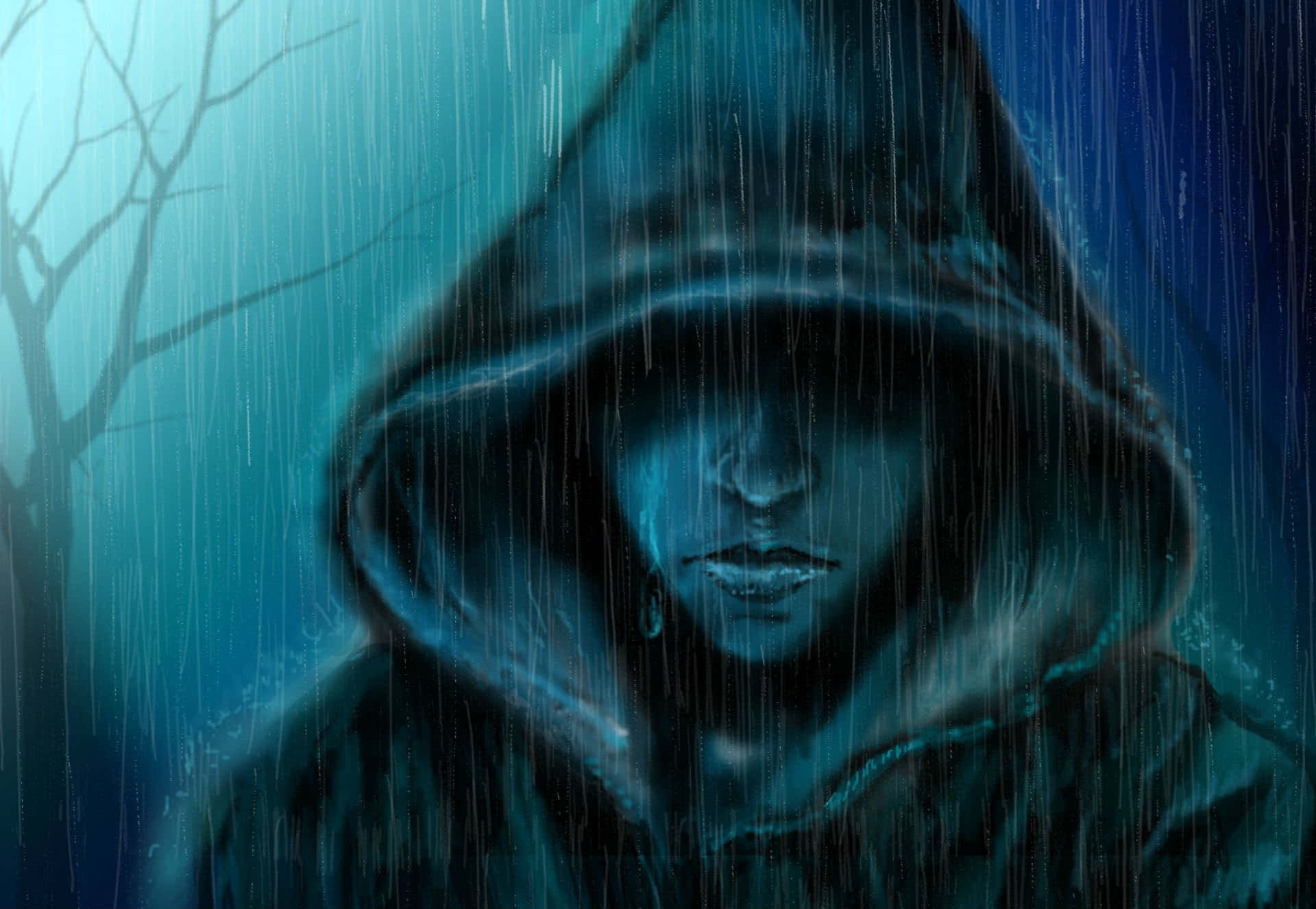 一個戴著兜帽的人站在大雨中，藍色天空下，周圍是光禿禿的樹木。