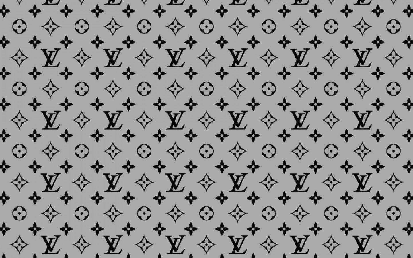 灰色背景，帶有重複的黑色 Louis Vuitton 標誌和花卉符號。
