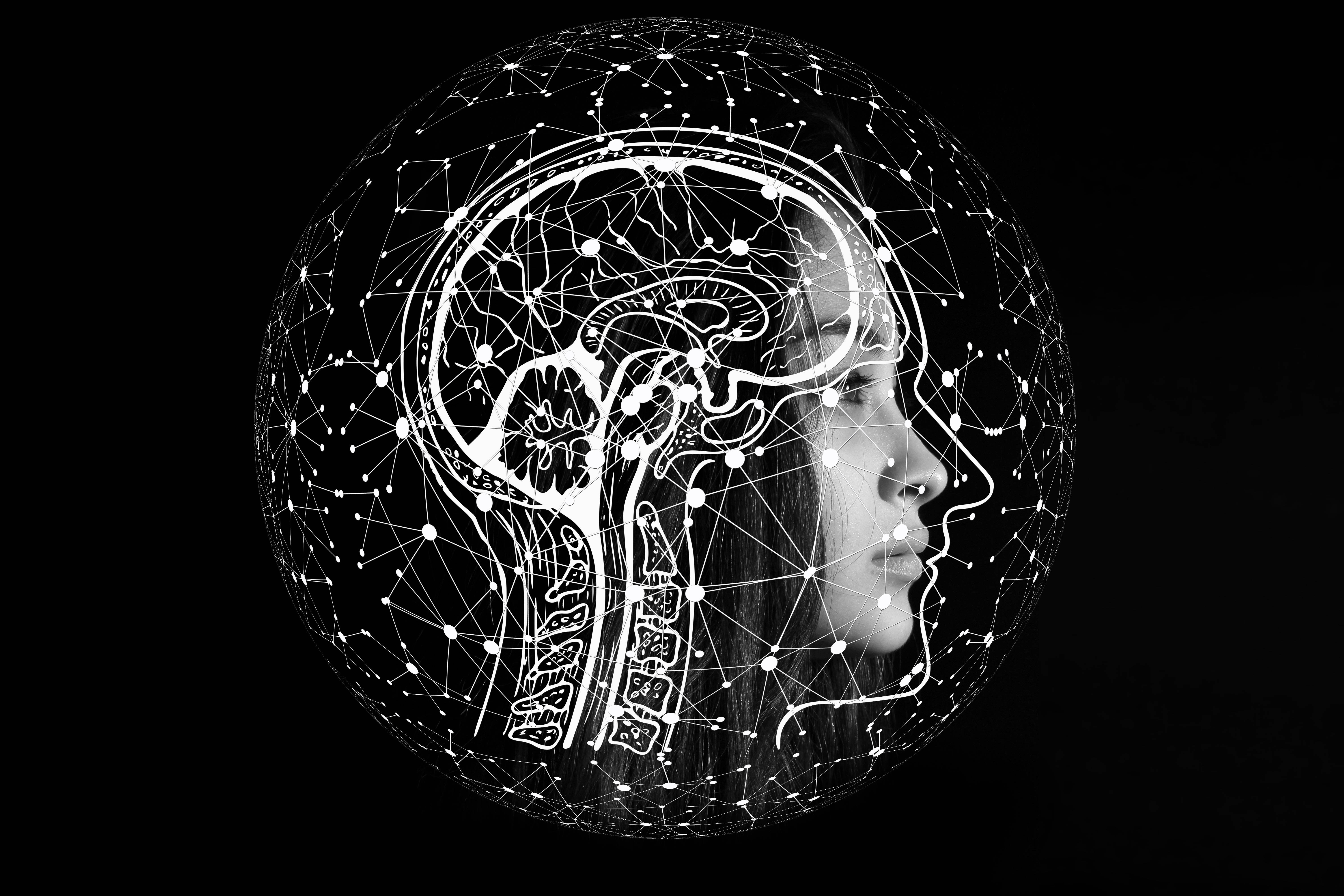 人腦側視圖詳細插畫 壁紙 — 一個女性側面輪廓被發光的白色神經網絡球體包裹，背景為黑色。
