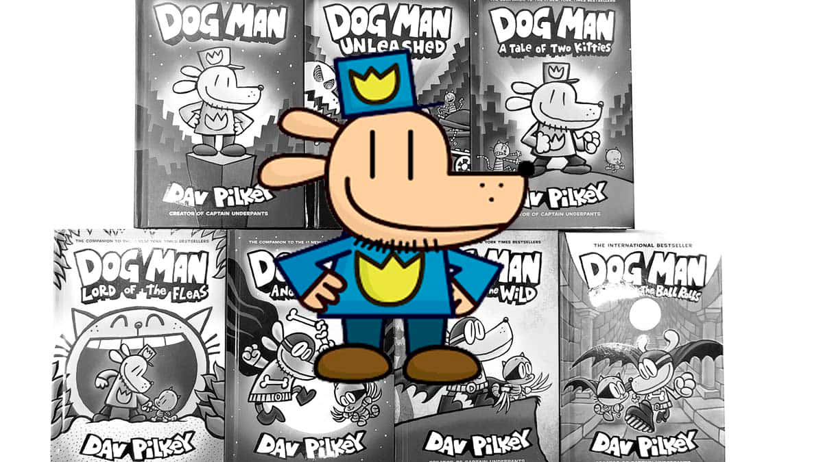 背景有書封的 Dog Man 超級英雄角色