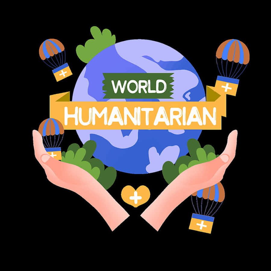 人道援助中的團結 壁紙 — 兩隻手捧著一個藍色地球儀，上面有寫著「WORLD HUMANITARIAN」的橫幅，周圍環繞著降落傘和綠色植物。