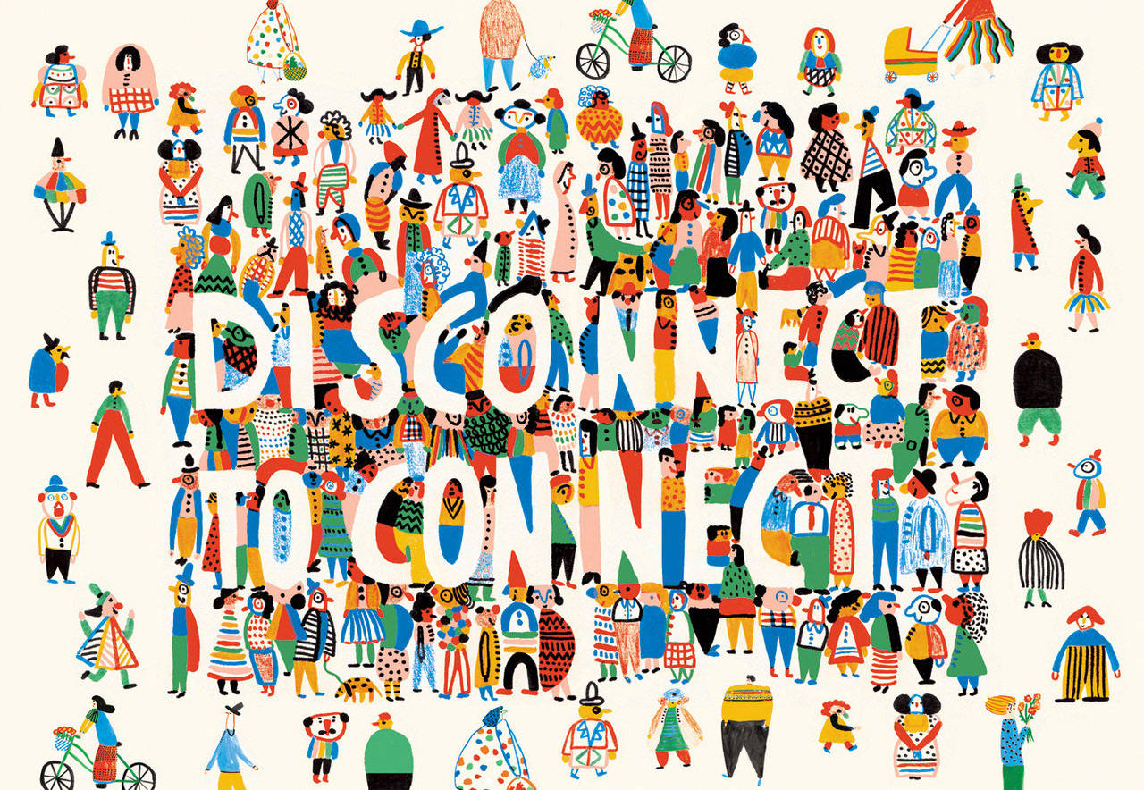 插圖人物形成短語 disconnect to connect。