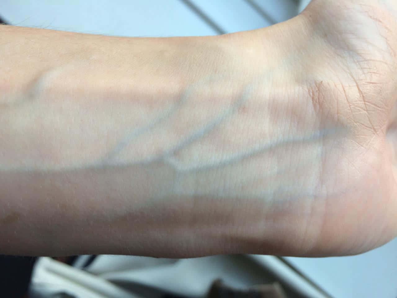 Blue Veins 桌布 壁紙 — 人類前臂的特寫，顯示在柔和光線下可見的靜脈和皮膚紋理。