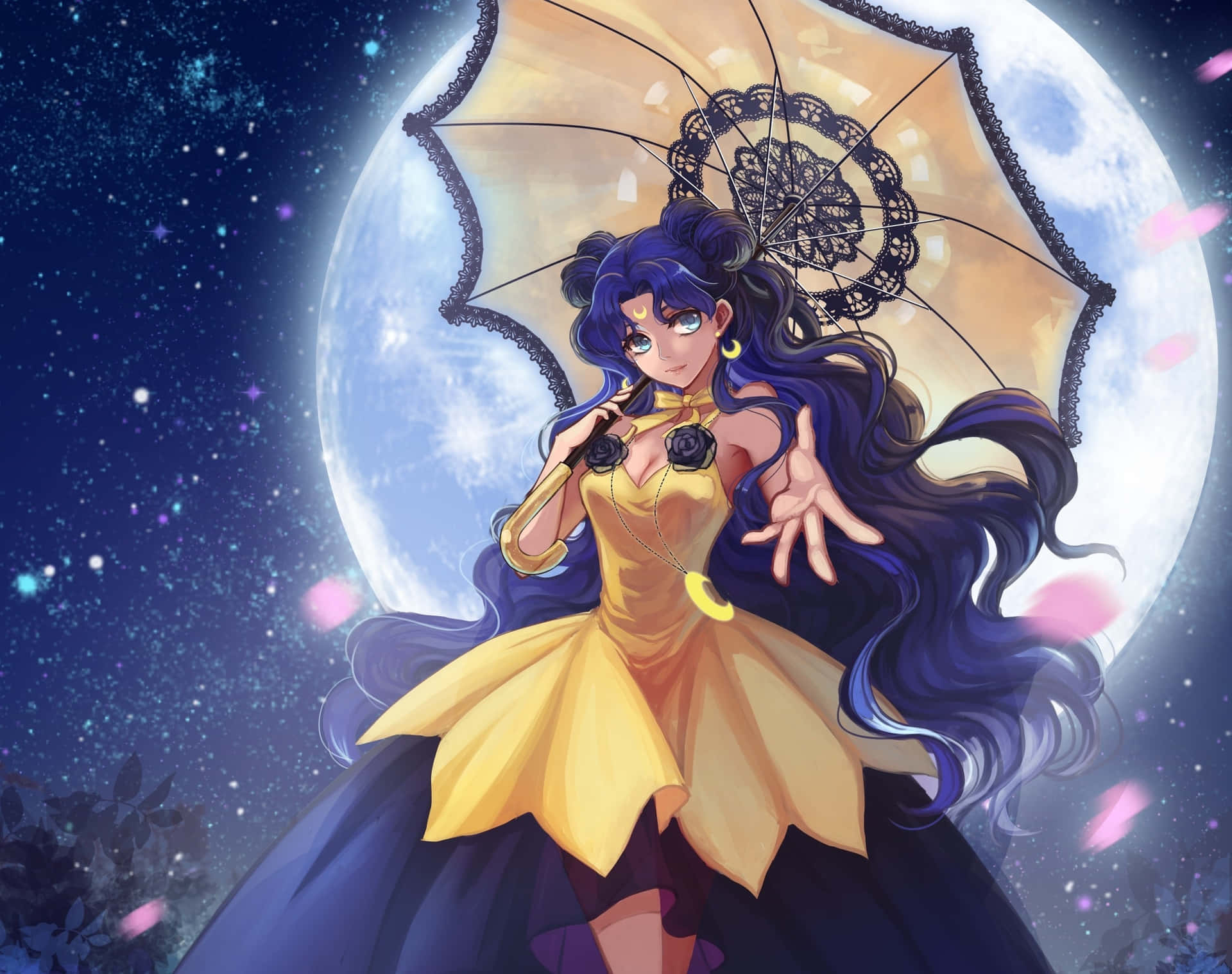 藍髮動漫女孩穿著黃色連衣裙，在月光下拿著蕾絲陽傘。