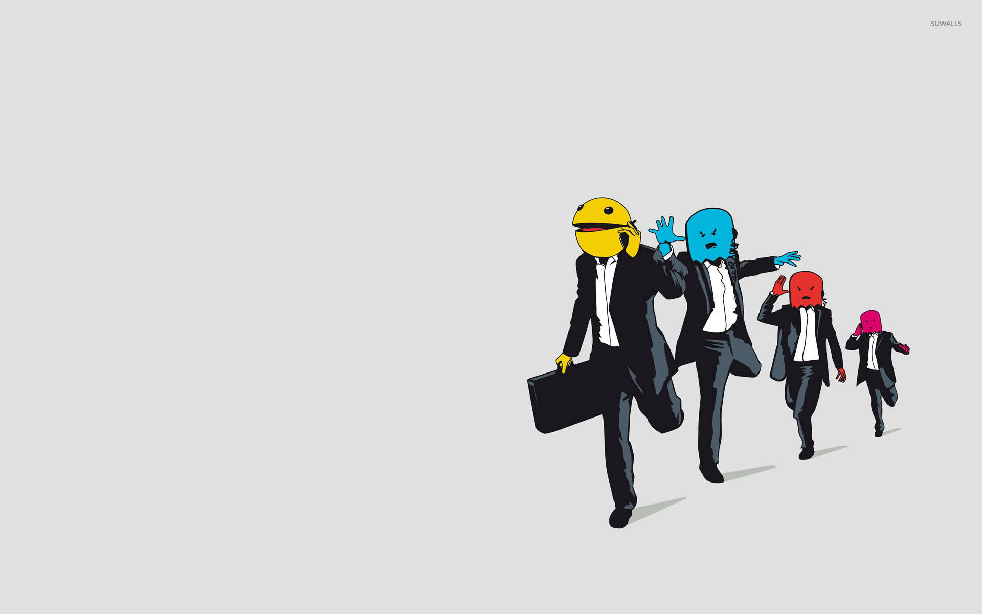 四個穿著西裝的 Pac-Man 角色排成一列奔跑。