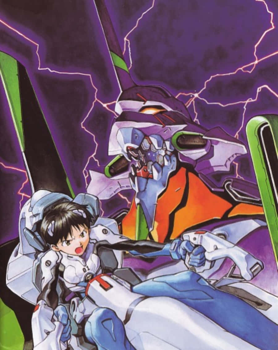 動畫機師身穿插頭服在紫色閃電風暴中操控 Evangelion 機甲。