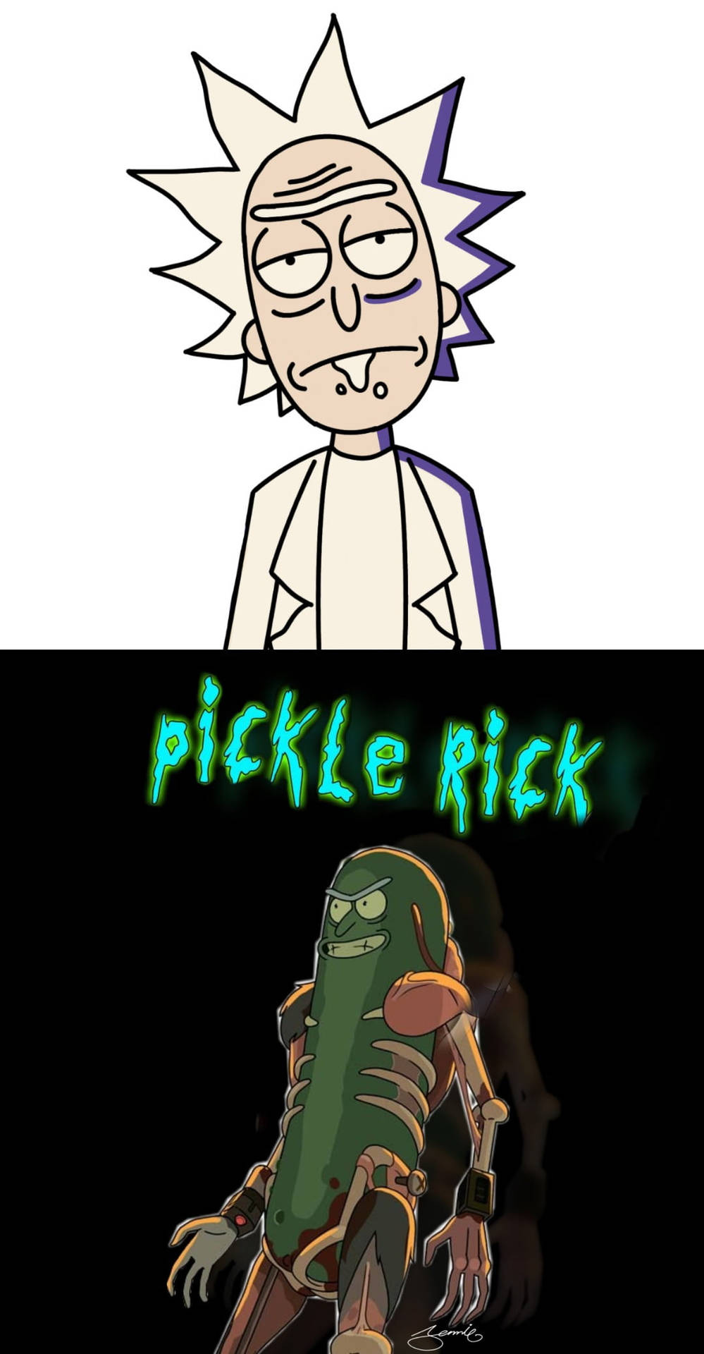Rick Sanchez 和 Pickle Rick 卡通角色，帶有發光文字。