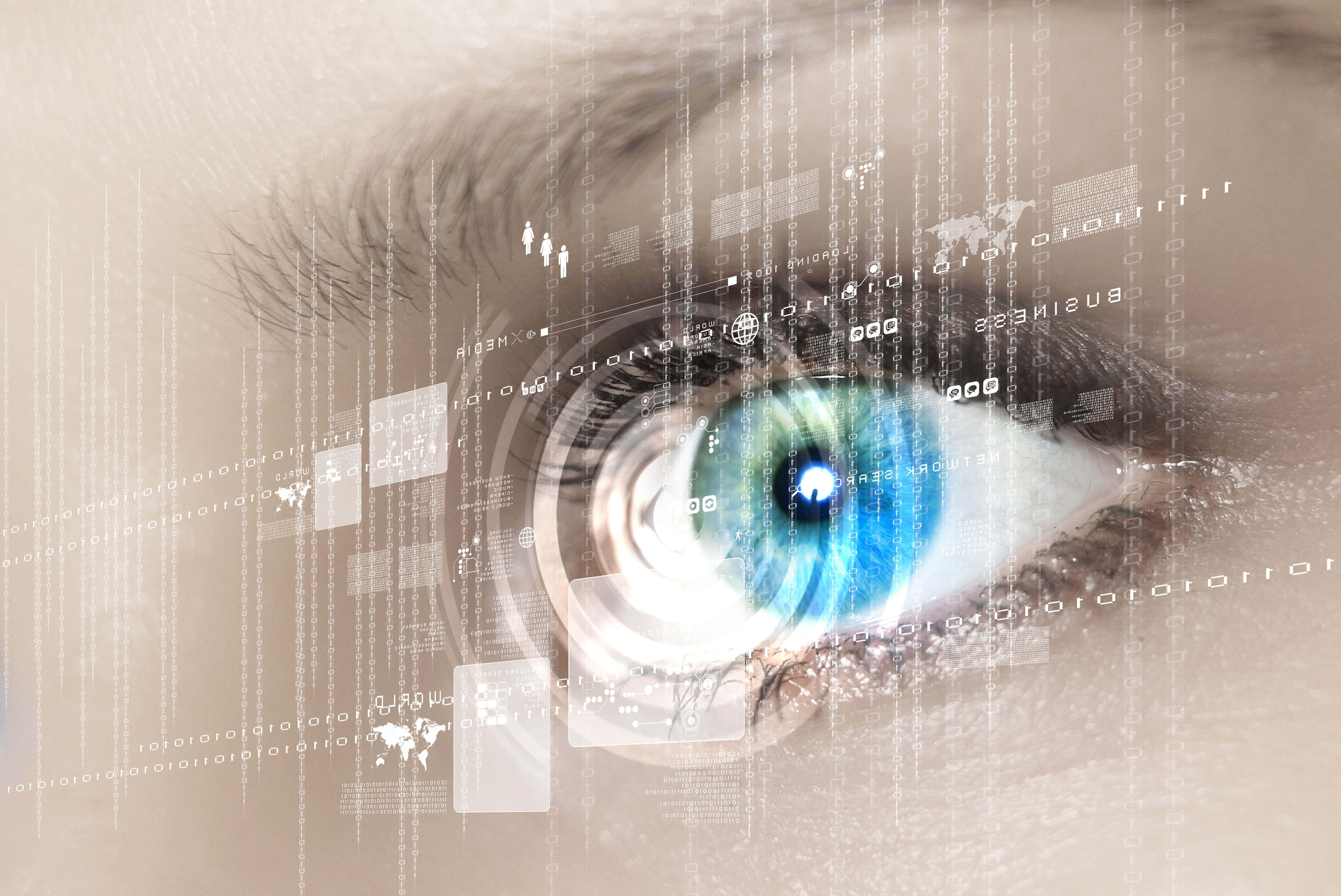 Eye 桌布 壁紙 — 人類眼睛的特寫，周圍漂浮著數位數據流和全息商業圖標。