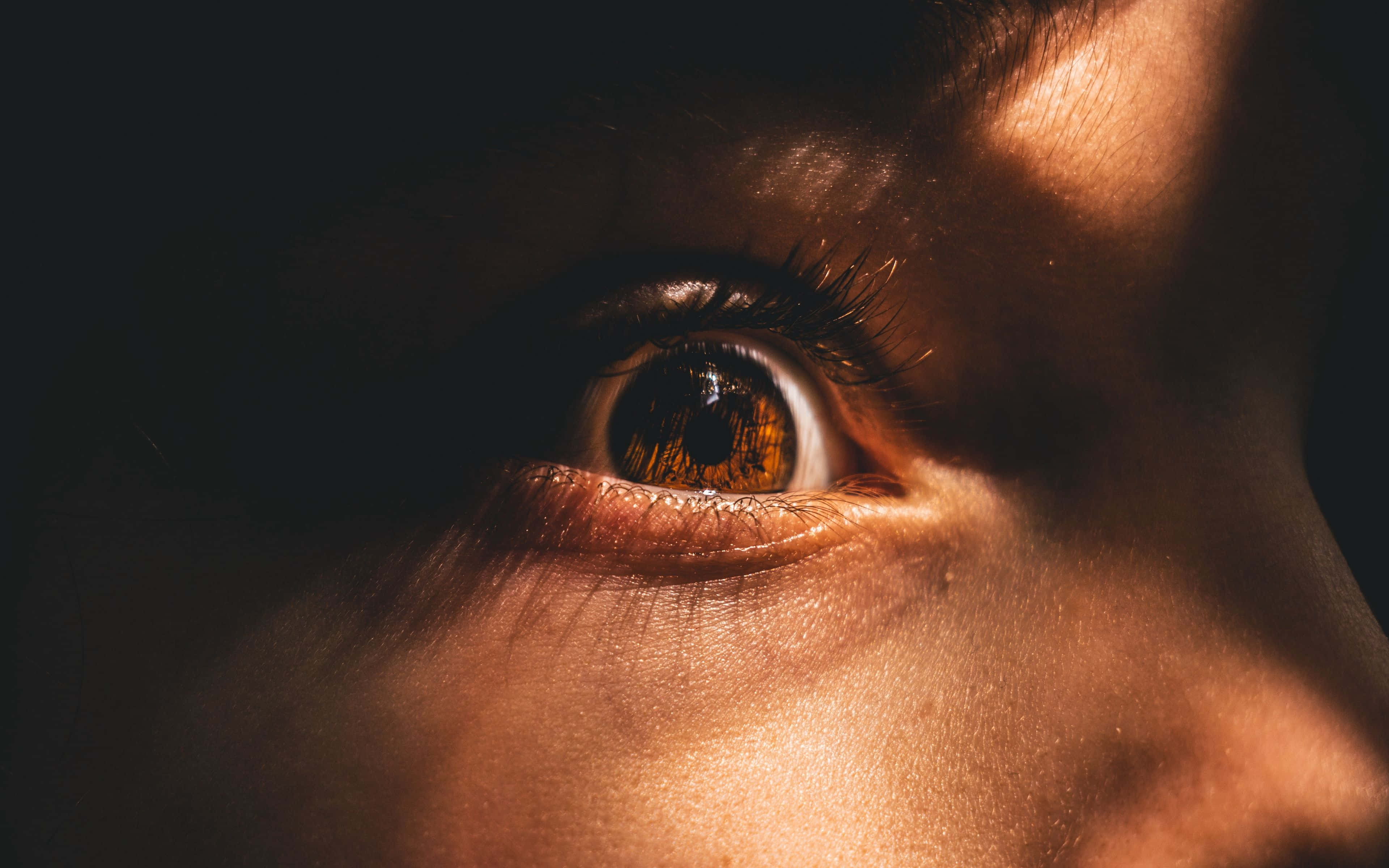Eyes 桌布 壁紙 — 人類眼睛的特寫，琥珀色虹膜在深色背景下被柔和的金色光線照亮。