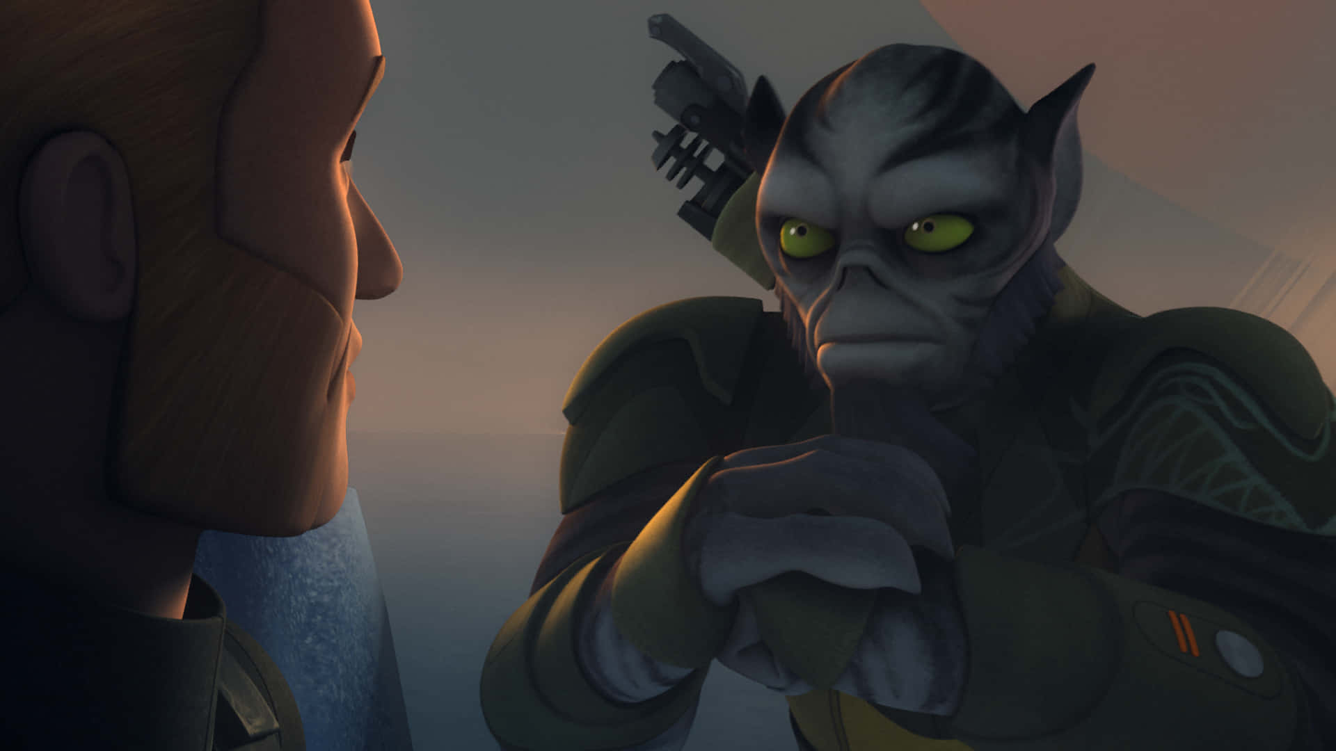 Zeb Orrelios 桌布 壁紙 — 人類與綠色眼睛的外星人在昏暗的室內持爆能槍緊張對峙。