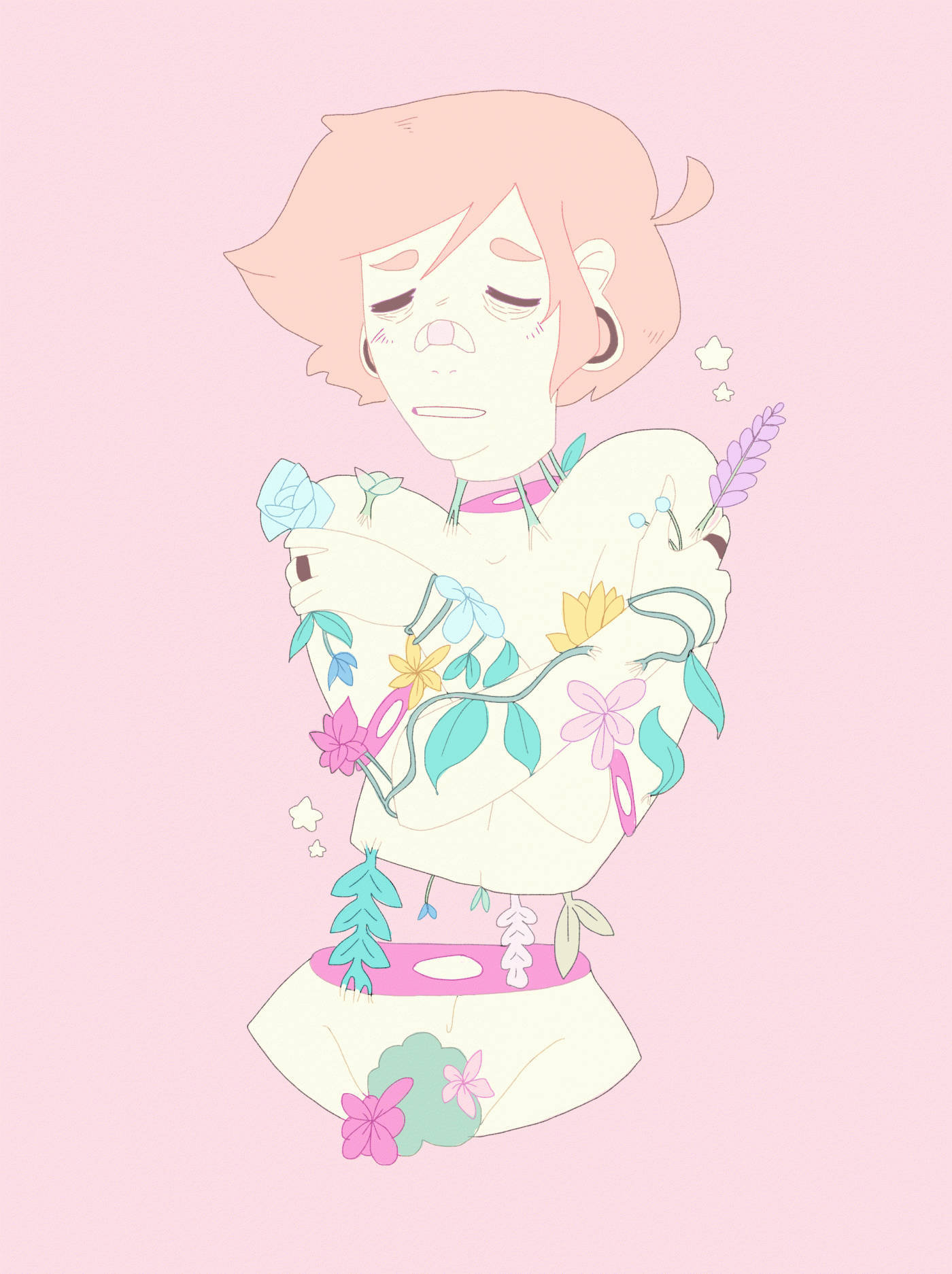 閉著眼睛的動漫女孩，身體上長出花朵，背景是粉紅色