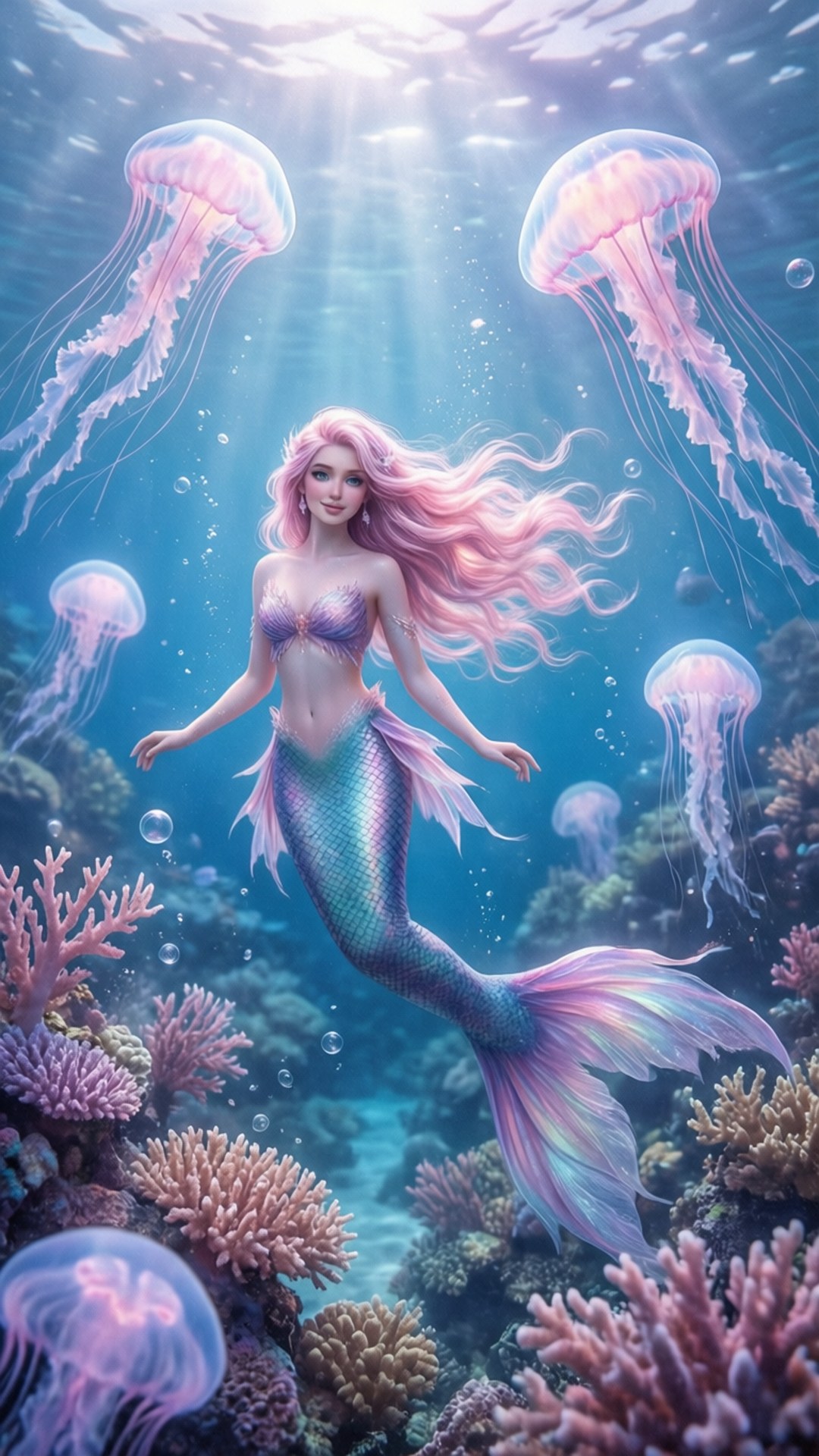 人魚水母夢境 壁紙 — 一位擁有飄逸粉紅色頭髮的美人魚在陽光照耀的珊瑚礁中滑行，周圍環繞著發光的水母。