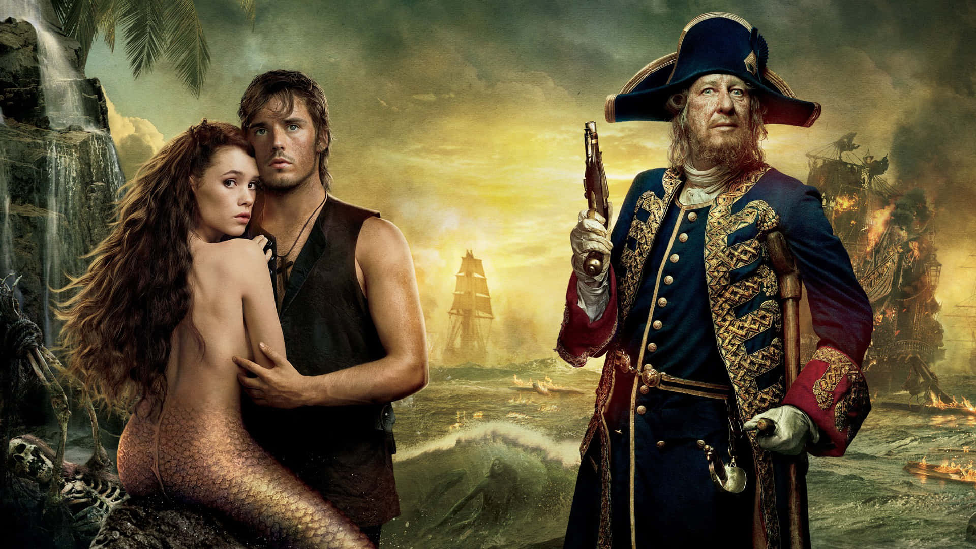 Astrid Berges Frisbey 桌布 壁紙 — 人魚與男子相擁，一位鬍鬚海盜船長在暴風雨日落的海上，對著船隻和瀑布舉起手槍。