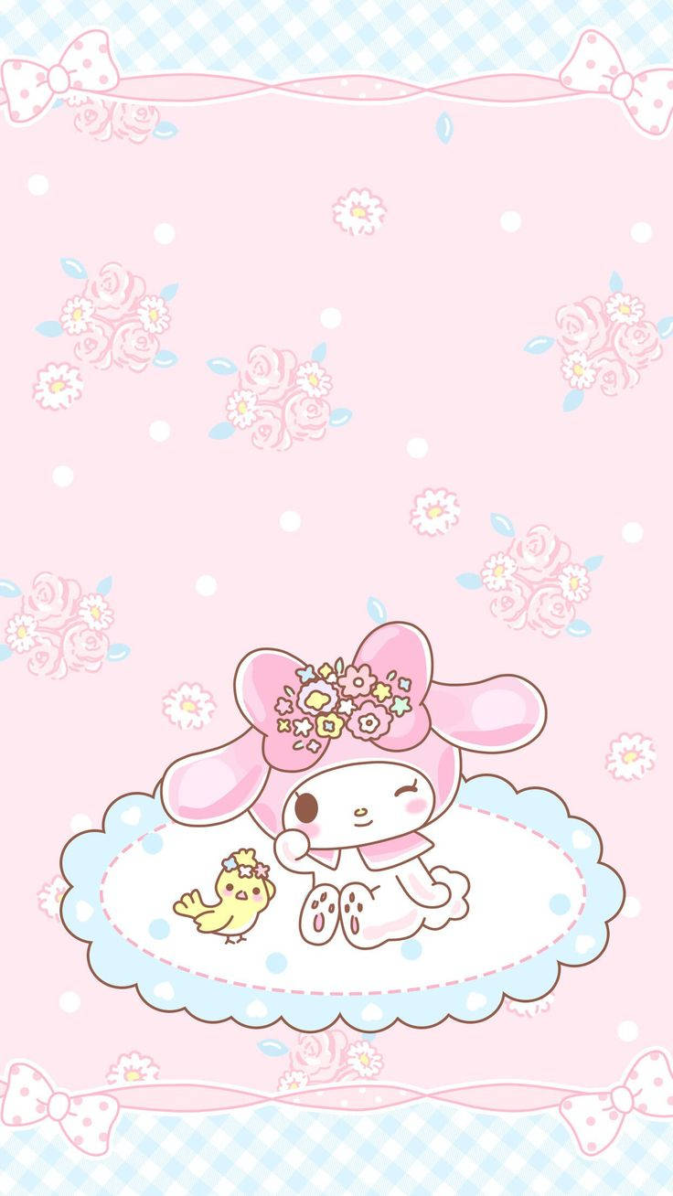 My Melody與小雞在雲上，周圍有花朵和蝴蝶結。