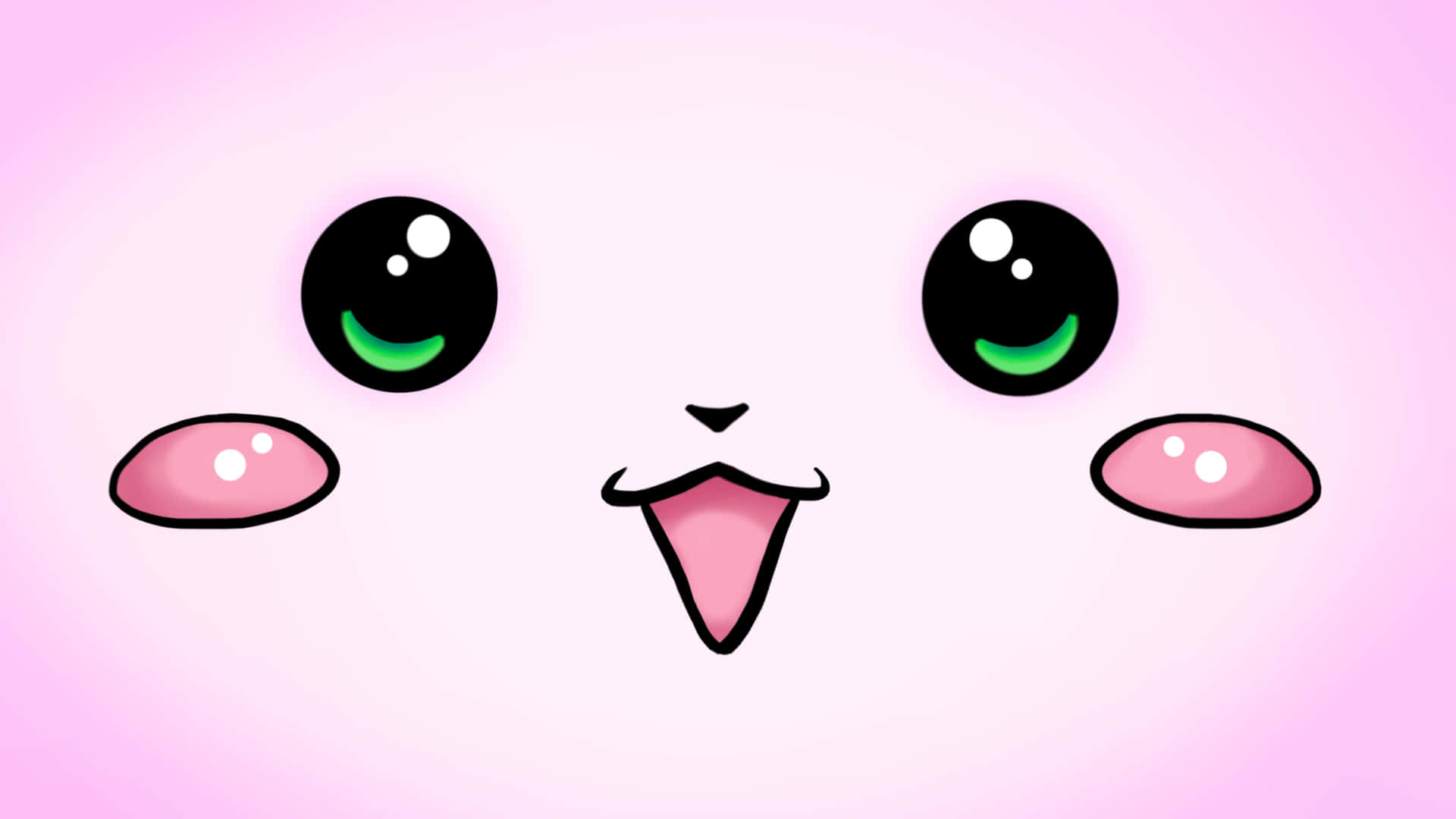 今天也要散播Kawaii可愛能量！ 壁紙 — 一個可愛的卡通動物臉，有大黑眼睛、綠色瞳孔、粉紅臉頰和伸出舌頭，背景是柔和的粉紅色。