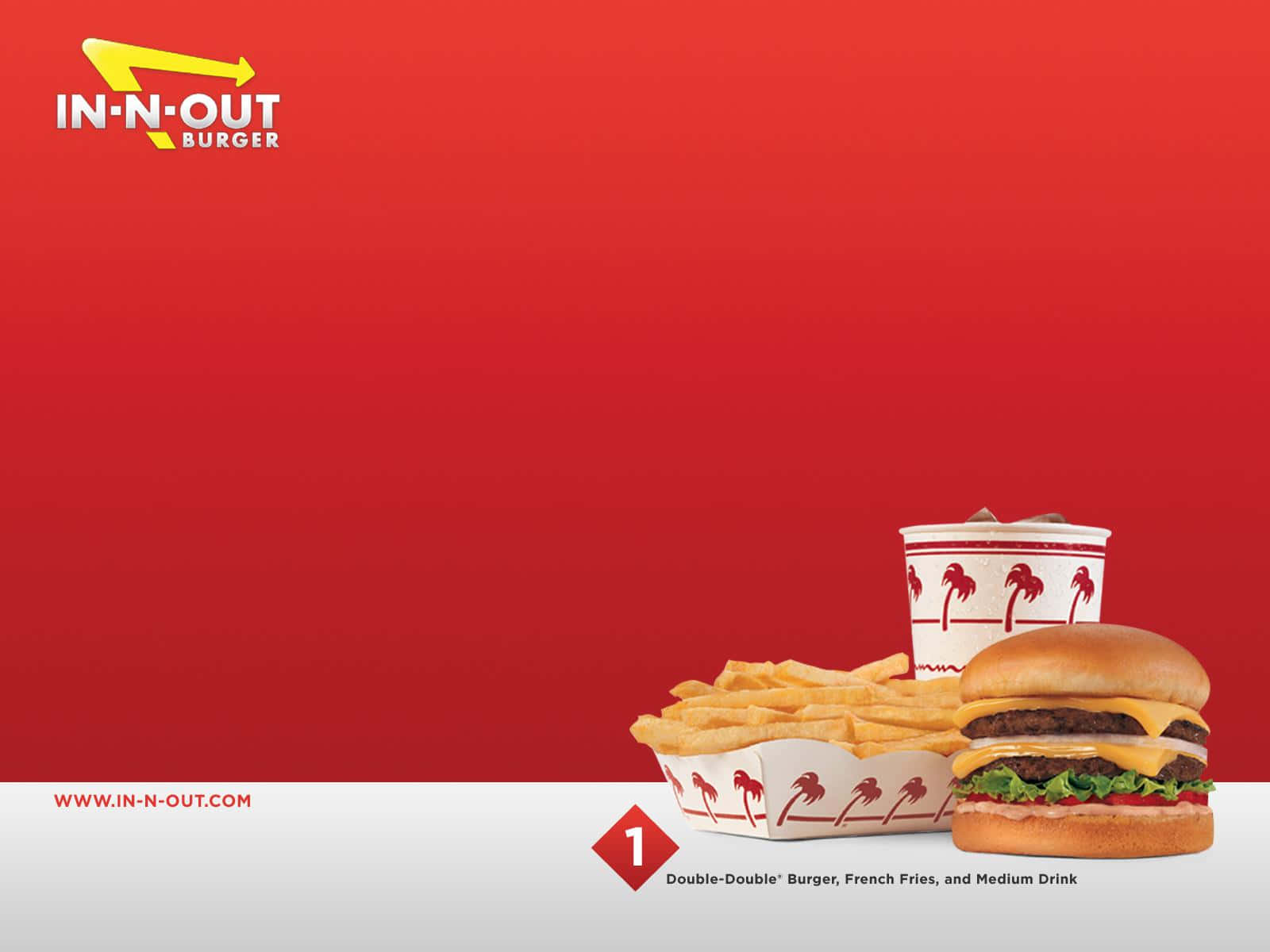 In-N-Out Burger 餐點，包括雙層漢堡、薯條和飲品，放在紅色背景上。