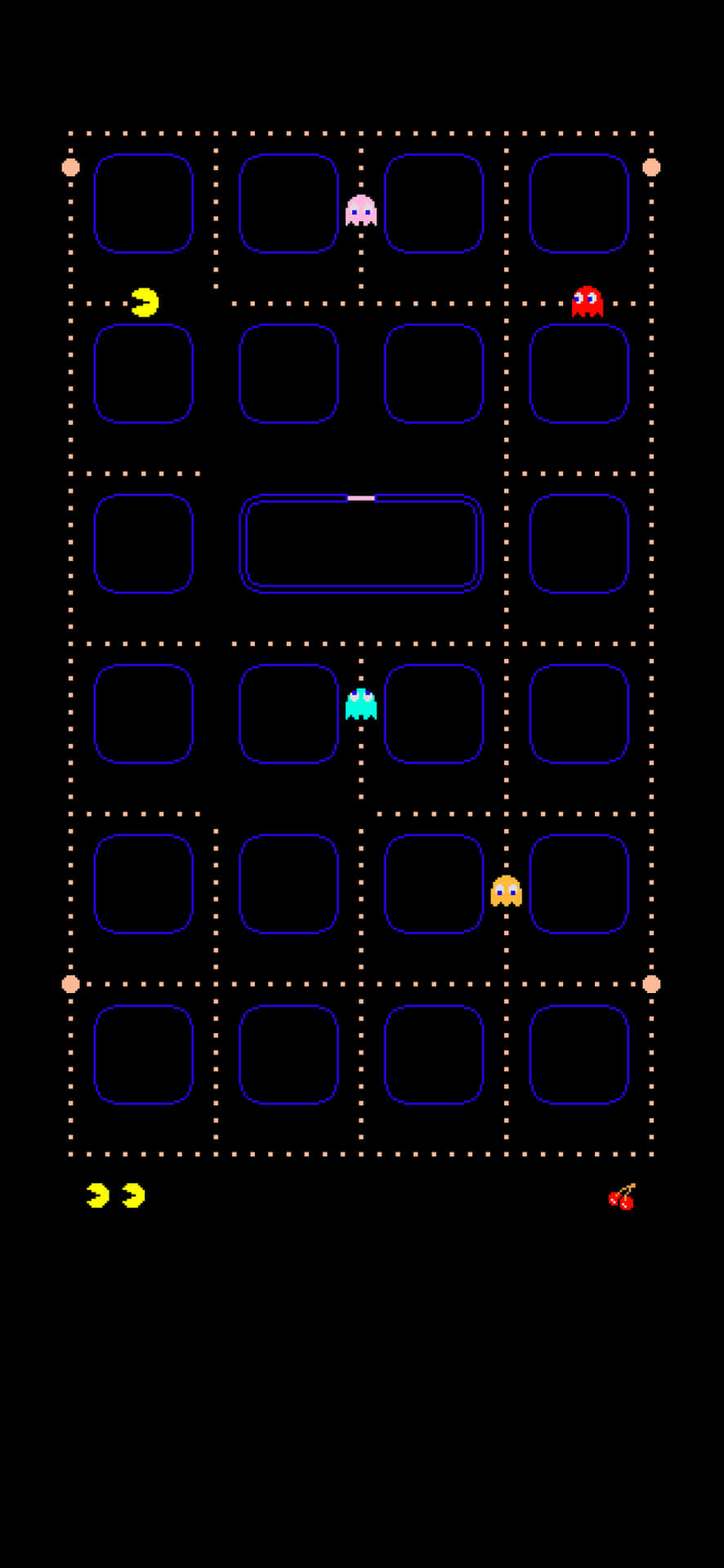 復古 Pacman 遊戲，網格上有黃色角色和鬼魂。