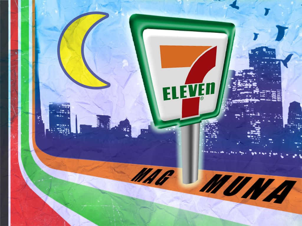 7-Eleven標誌在城市天際線背景下發光，伴隨著新月和飛鳥。