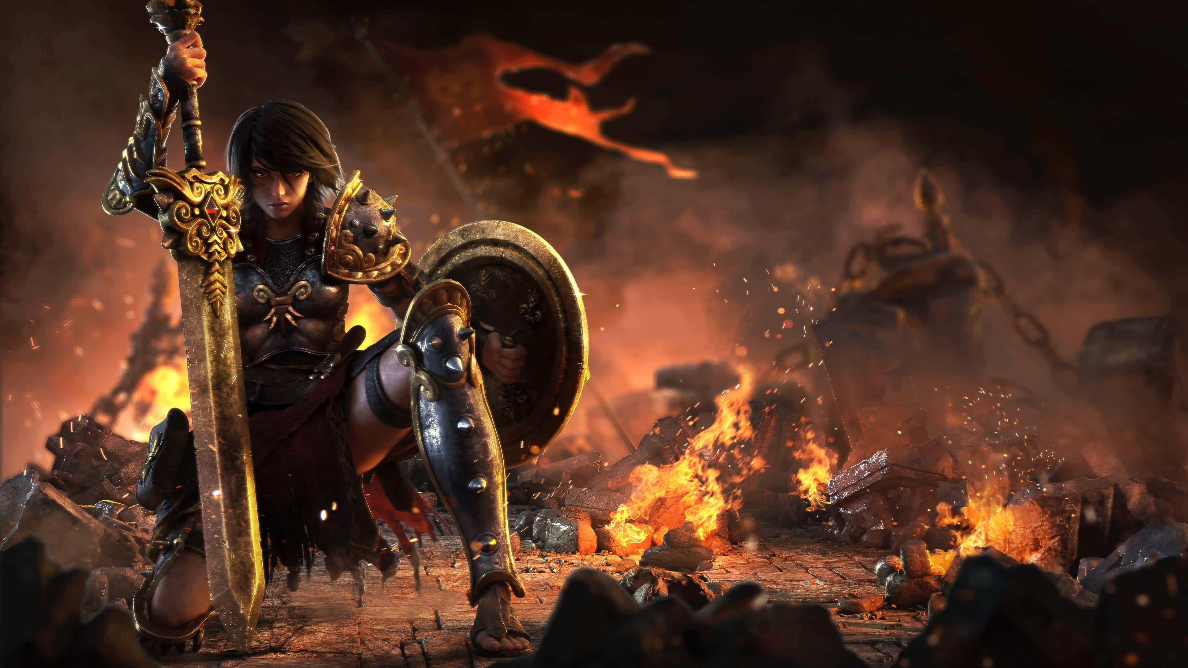 今天就成為神明 — 《Smite》 壁紙 — 一名身穿華麗盔甲的戰士，在燃燒的廢墟中挑釁地站立，手持發光的劍和盾牌。
