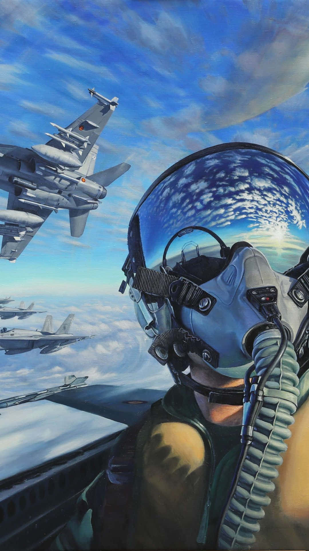 今天就搭乘 Android 小型飛機起飛吧 壁紙 — 一名戰鬥機飛行員戴著駕駛艙頭盔，凝視著在明亮藍天中散佈雲朵間翱翔的噴射機編隊。